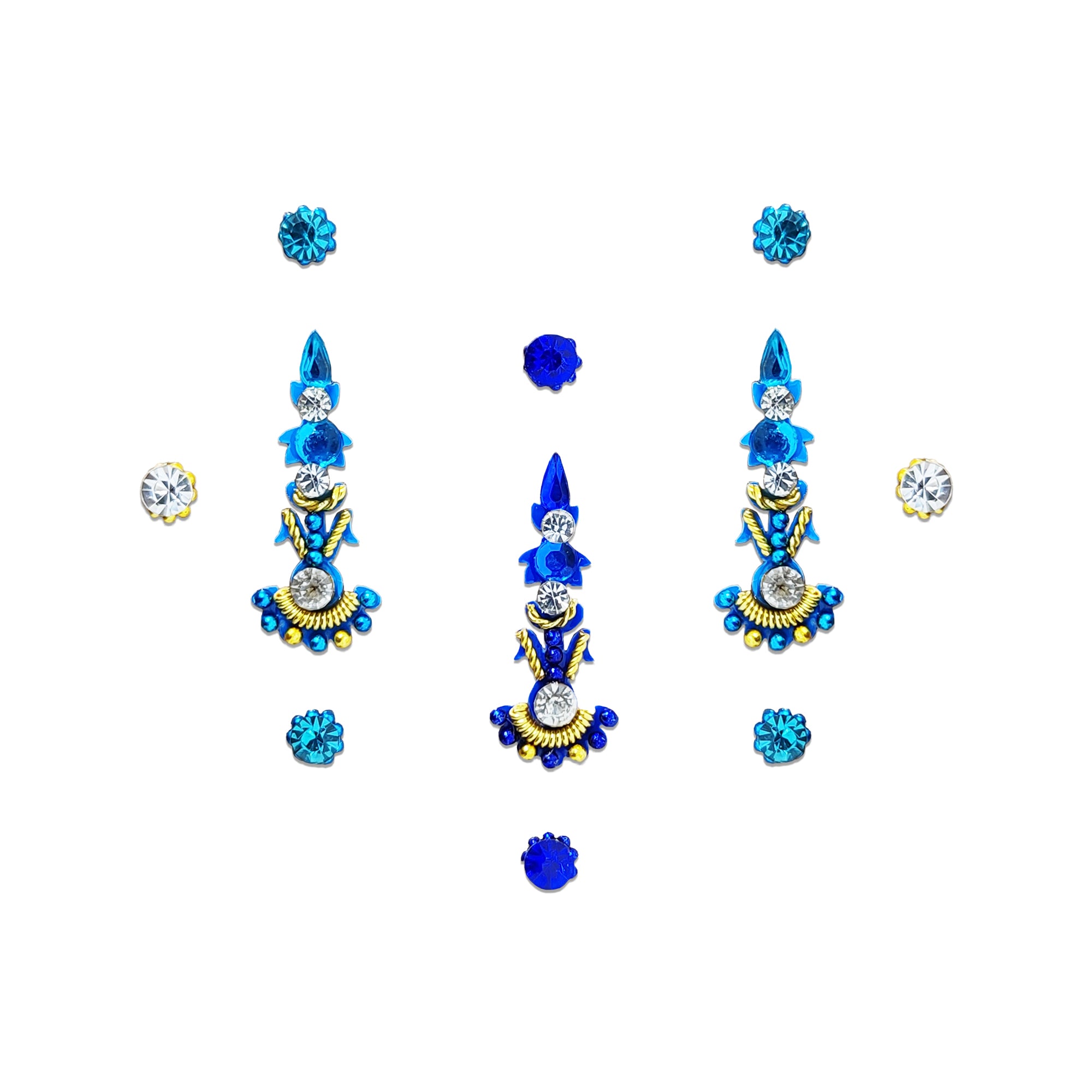 Comet Busters Royal Sapphire Stone Designer Bindi Set featuring a premium blue and white crystal centerpiece with gold accents, paired with matching sapphire blue and clear round stone bindis. Self-adhesive designer bindis for women and girls, perfect for weddings, bridal wear, festivals, Navratri, Diwali, parties, classical dance performances, and traditional ethnic occasions.