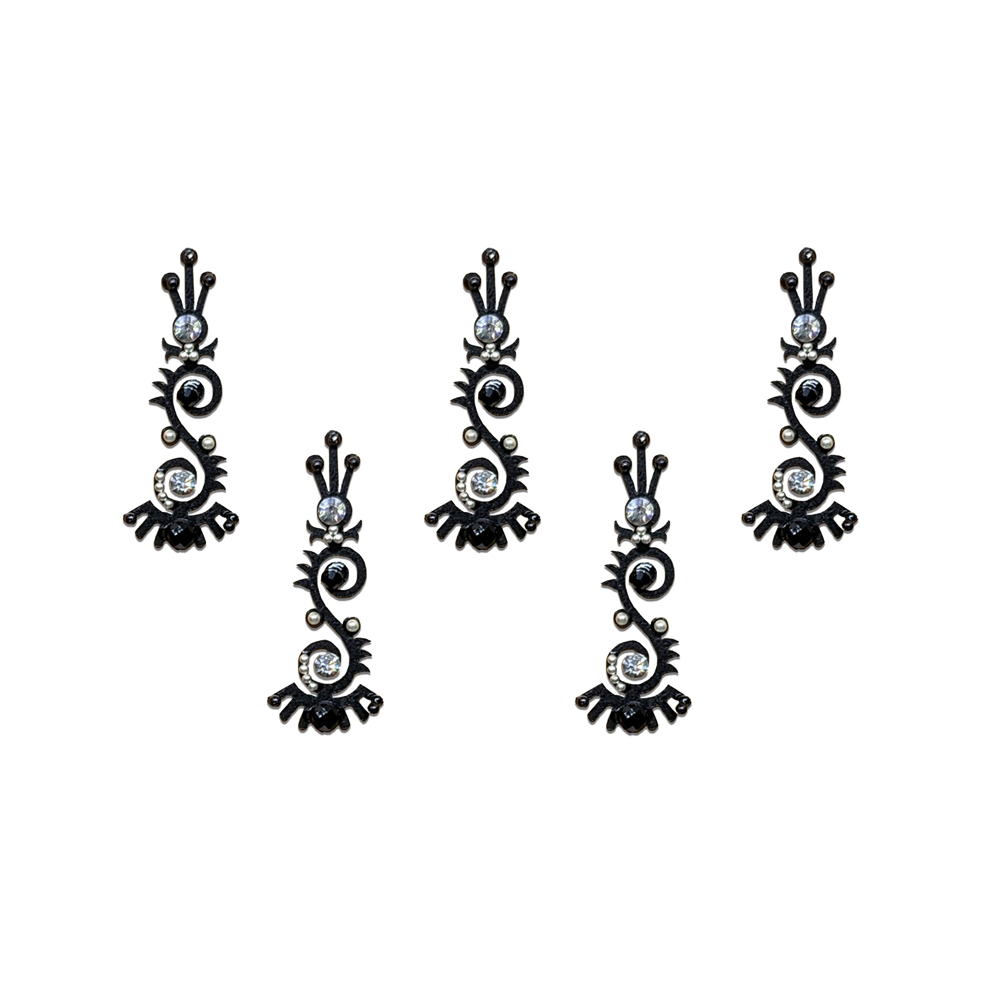Comet Busters black swirl bindis with crystal stones and ornamental designer pattern.