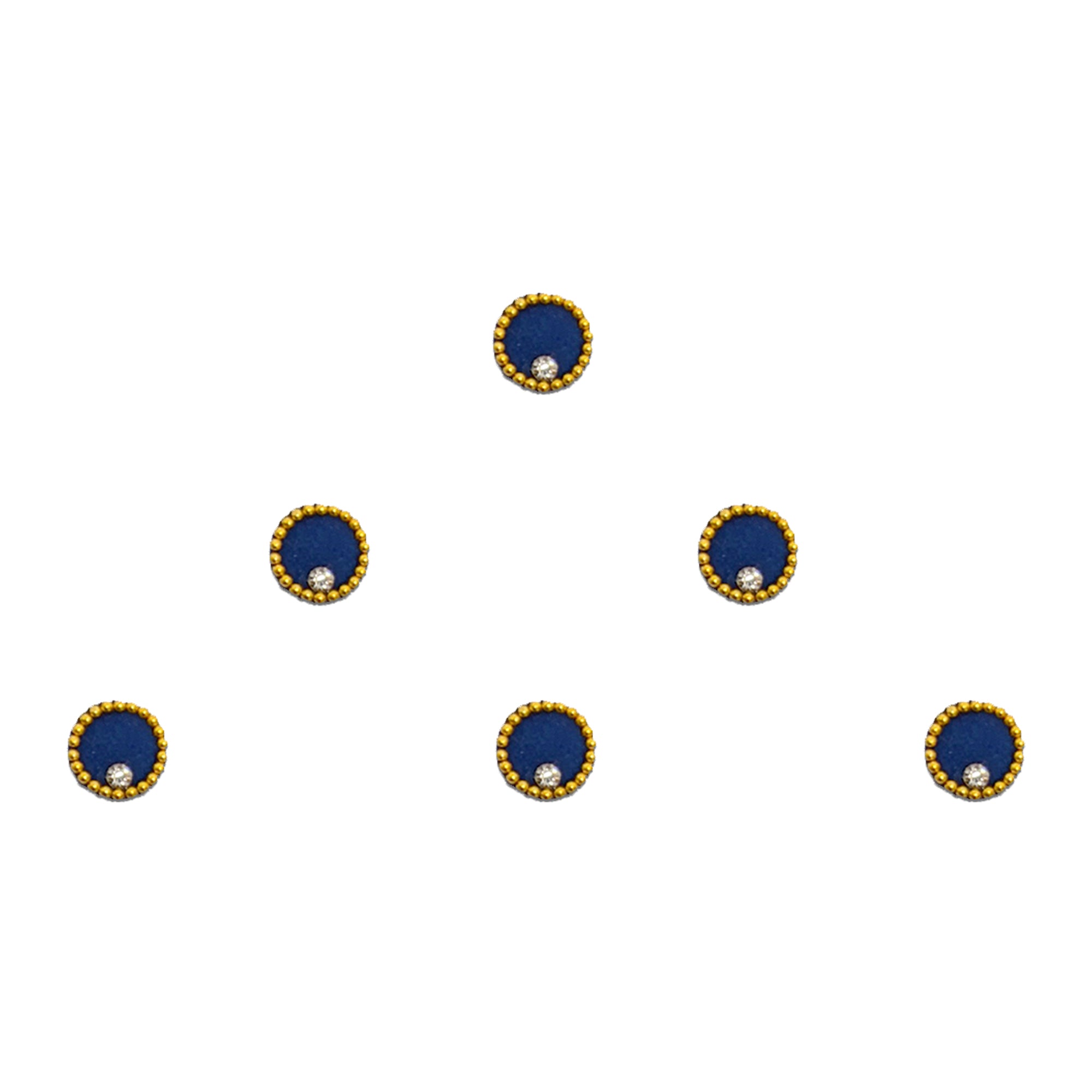 Comet Busters Elegant royal blue velvet round bindi set adorned with gold beaded edging and crystal stone accents, perfect for sarees, lehengas, weddings, festivals, and traditional Indian attire.