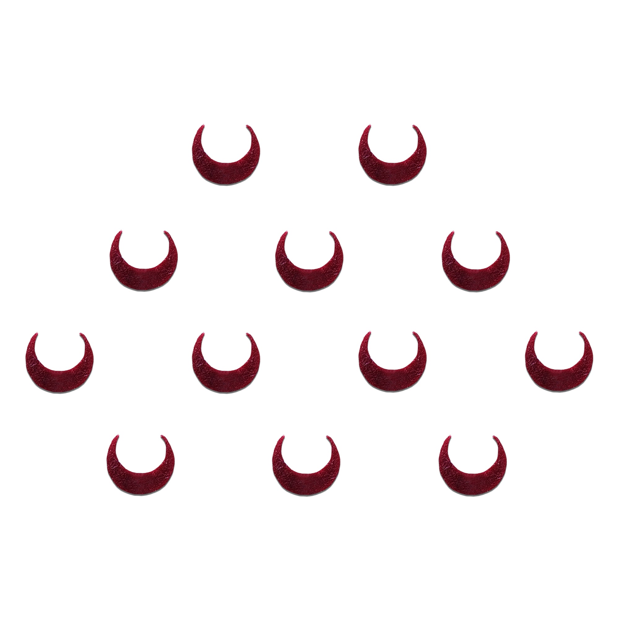 Comet Busters Ruby Crescent Moon Velvet Bindi featuring a deep maroon crescent-shaped velvet design, self-adhesive traditional bindi for women and girls, perfect for festive wear, weddings, Navratri, religious ceremonies, cultural events, and elegant ethnic styling.