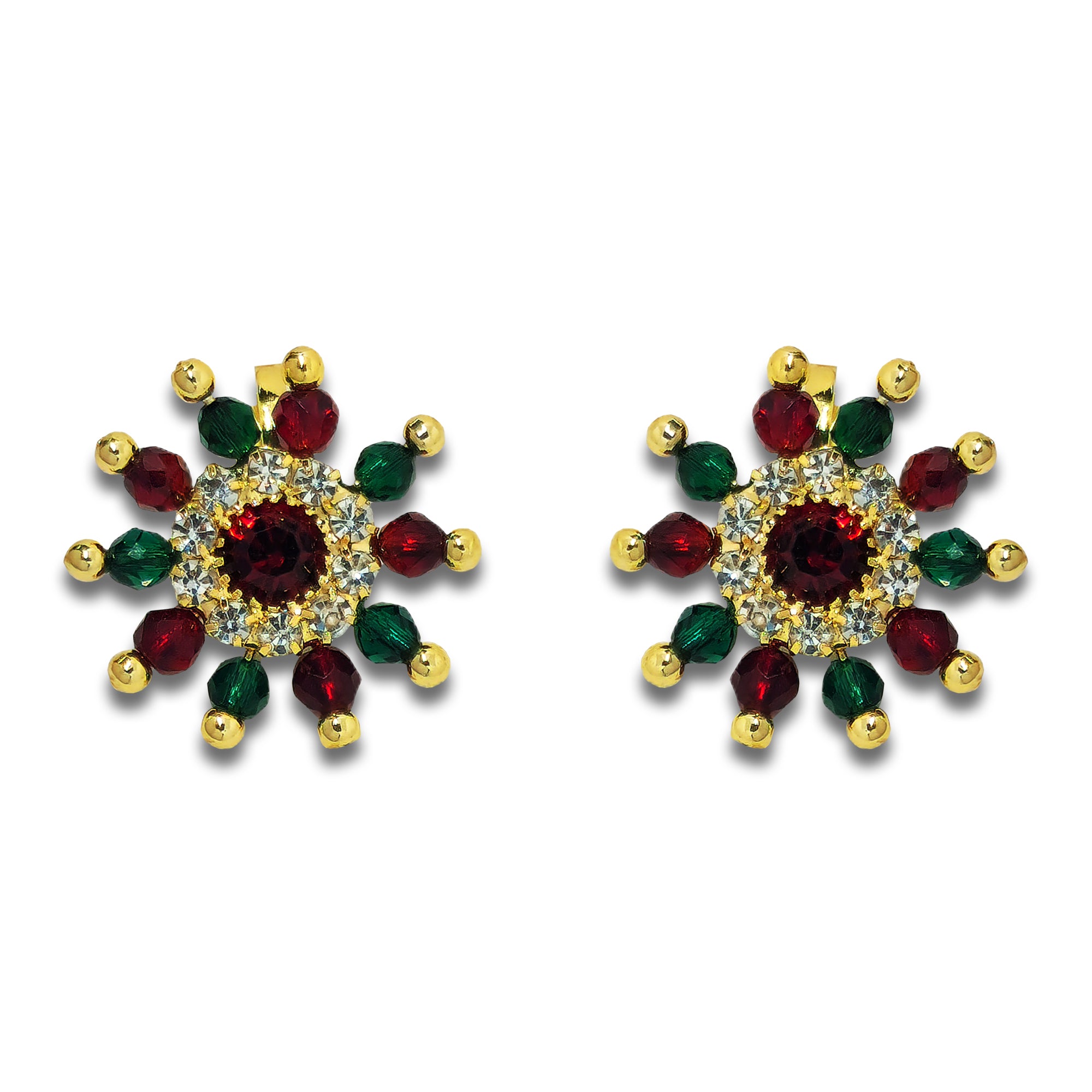 Comet Busters ruby and emerald green designer nose stud featuring a deep red center gemstone, clear rhinestone accents, alternating red and green faceted beads, and gold-tone detailing.