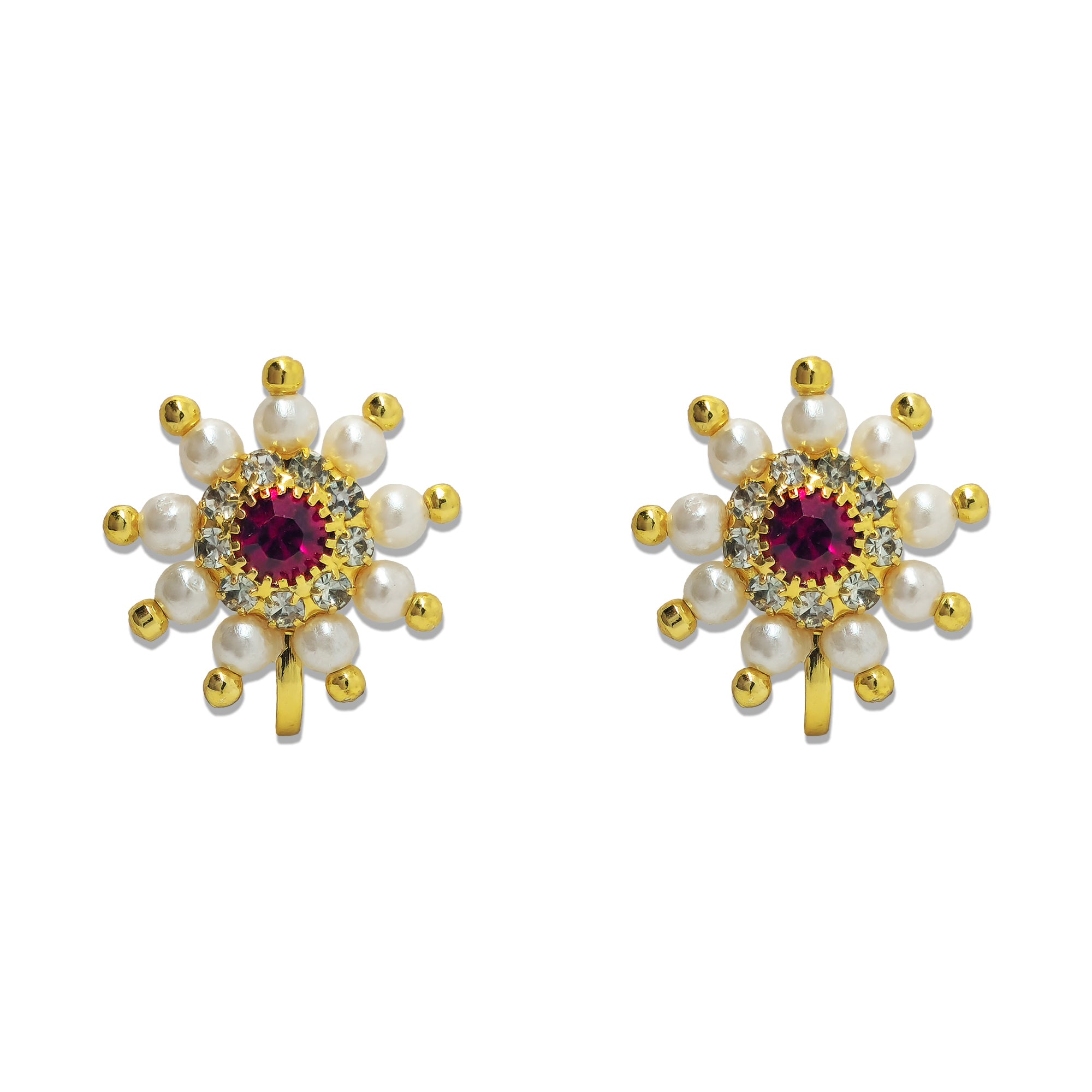 Comet Busters ruby red floral nose stud featuring a central red gemstone, clear rhinestone accents, white pearl beads and gold-tone detailing.