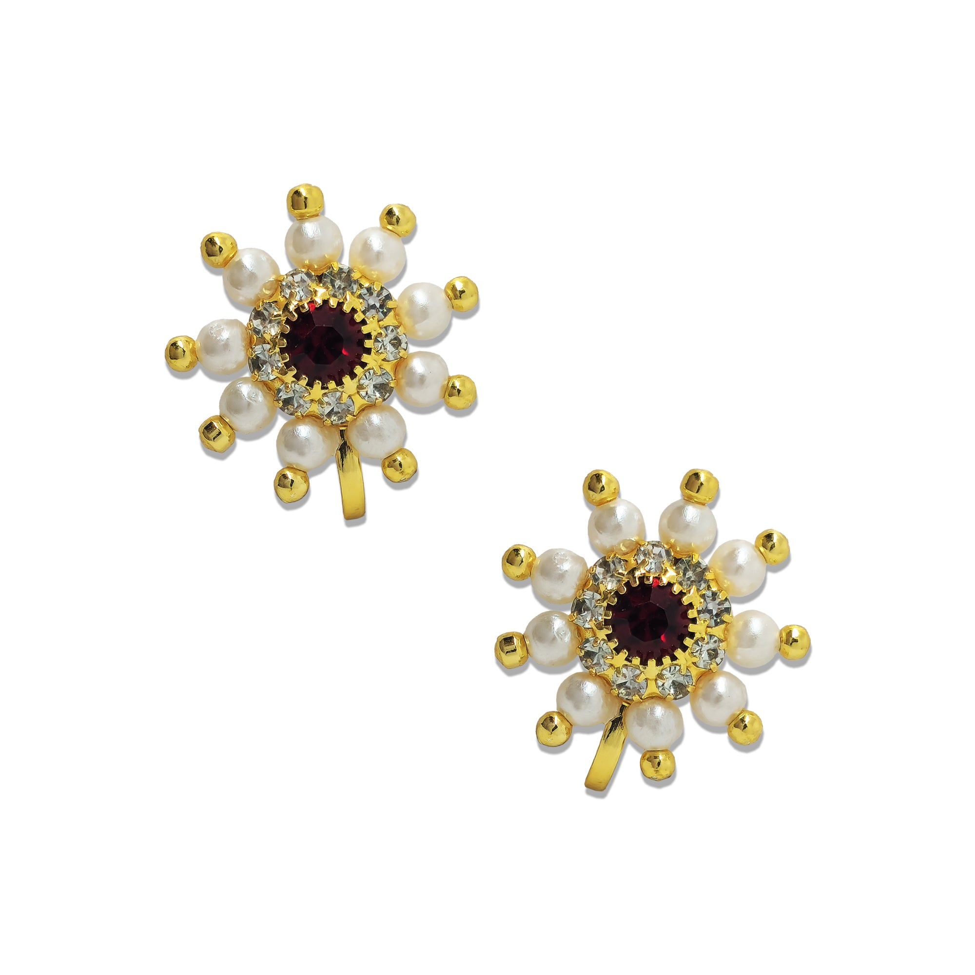 Comet Busters ruby red floral nose stud with a central deep red gemstone, clear rhinestone halo, white pearl beads and gold-tone accents.