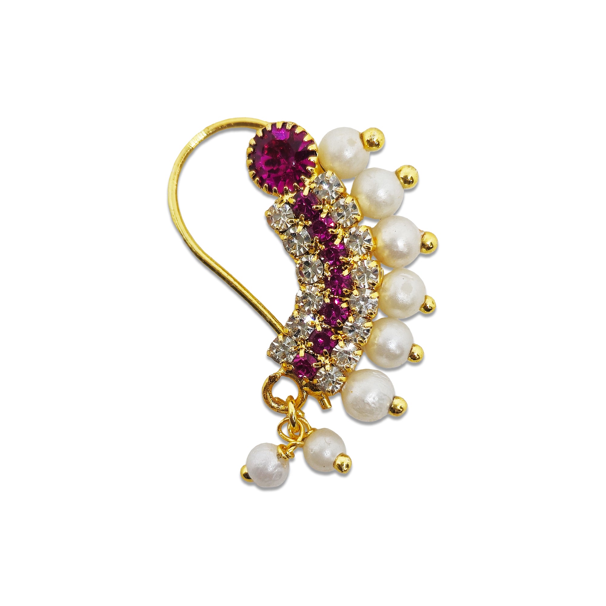 Comet Busters gold-tone bridal nose ring with ruby pink crystals, clear crystal detailing, white pearl beads, and dangling pearl charms.