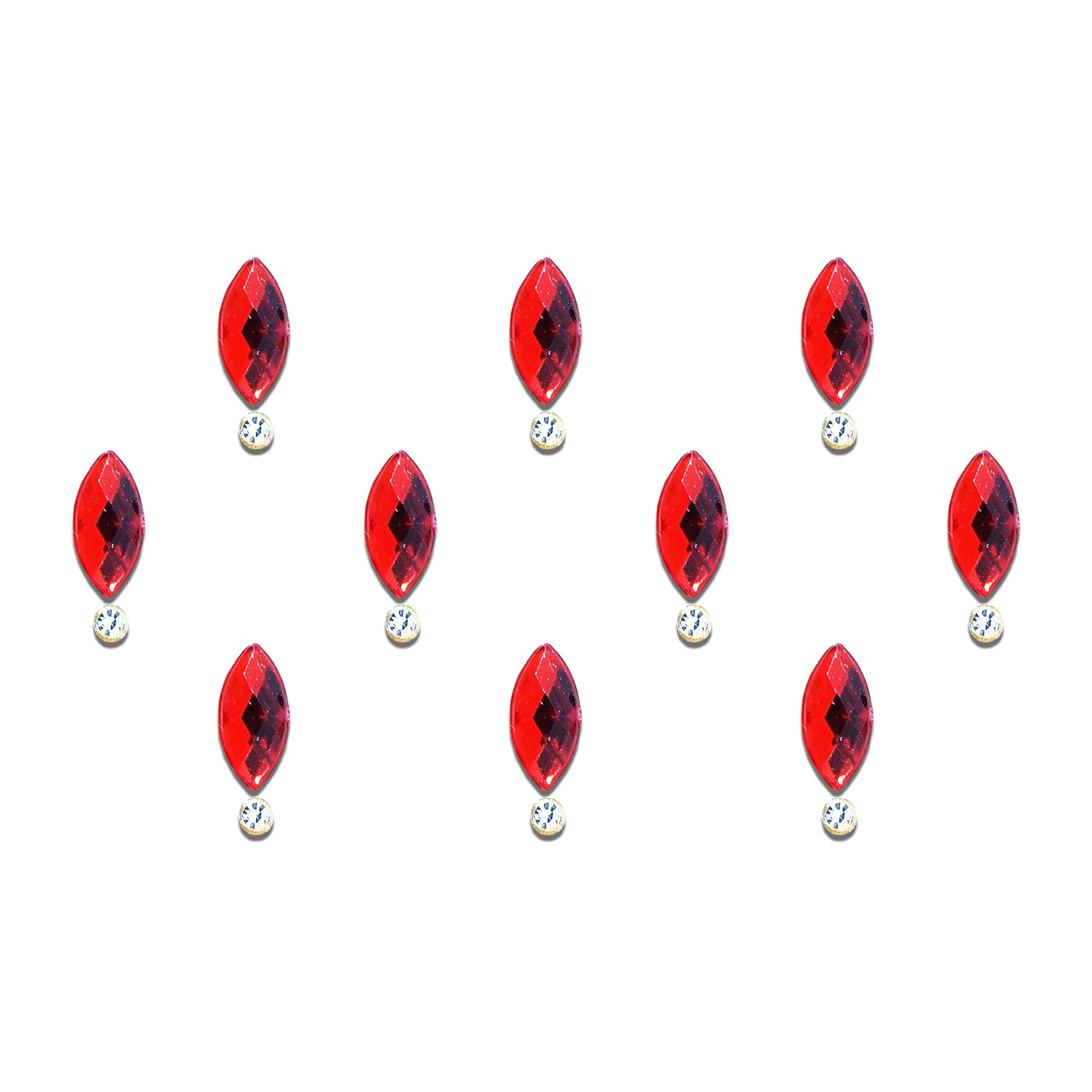 Comet Busters ruby red navette-shaped crystal bindi featuring a faceted red gemstone with a sparkling round rhinestone accent. Premium self-adhesive designer bindi for women and girls, ideal for weddings, festivals, Navratri, Karwa Chauth, Diwali, classical dance performances, parties, and traditional ethnic wear.