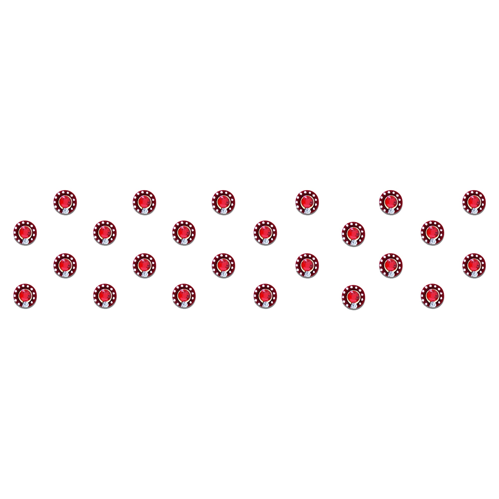 Comet Busters ruby red round designer bindi sheet featuring sparkling ruby red stone center bindis with a maroon border, white dotted detailing, and a crystal accent. Reusable self-adhesive bindis for women and girls, perfect for everyday wear, festive celebrations, weddings, Navratri, Diwali, Karwa Chauth, temple visits, cultural events, and pairing with sarees, lehengas, salwar suits, kurtis, and other ethnic outfits.