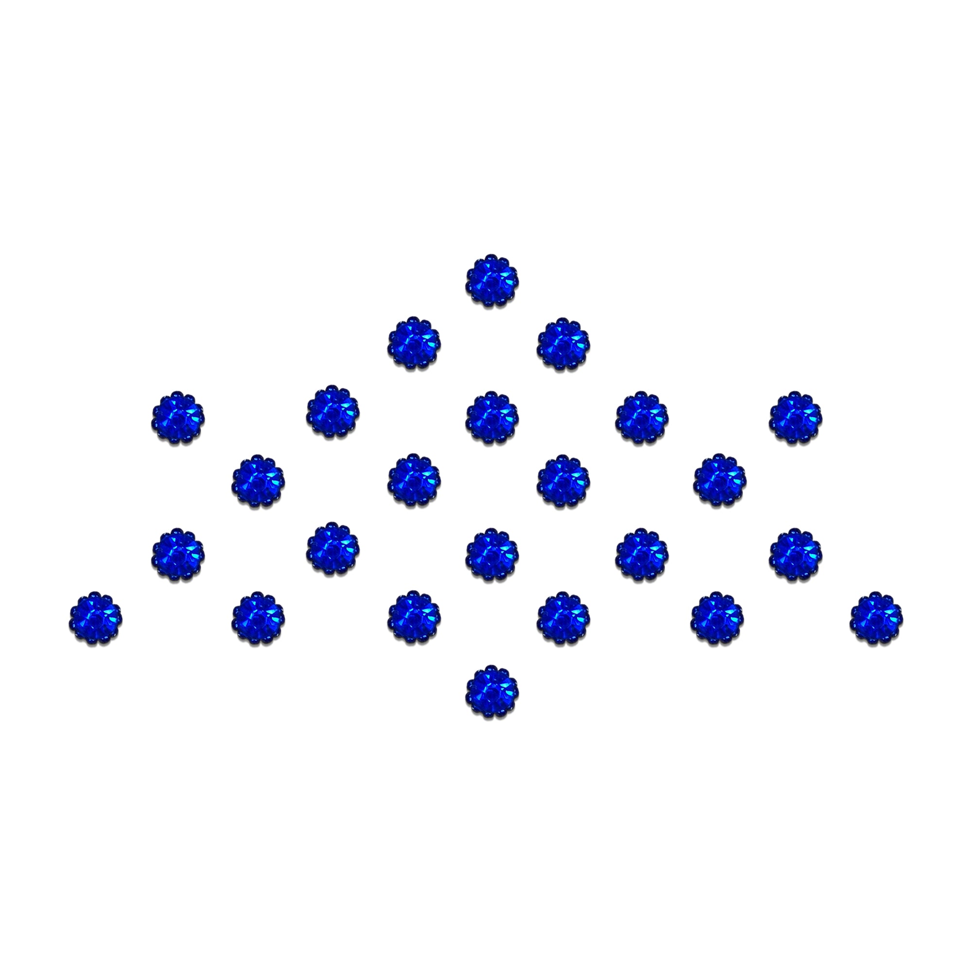 Comet Busters Royal Blue Crystal Flower Bindi featuring sparkling sapphire blue floral-cut crystal stones in a classic round design. Self-adhesive bindis for women and girls, ideal for weddings, festivals, parties, Navratri, Garba, Bharatanatyam, Kathak, temple visits, and traditional or Indo-western outfits.
