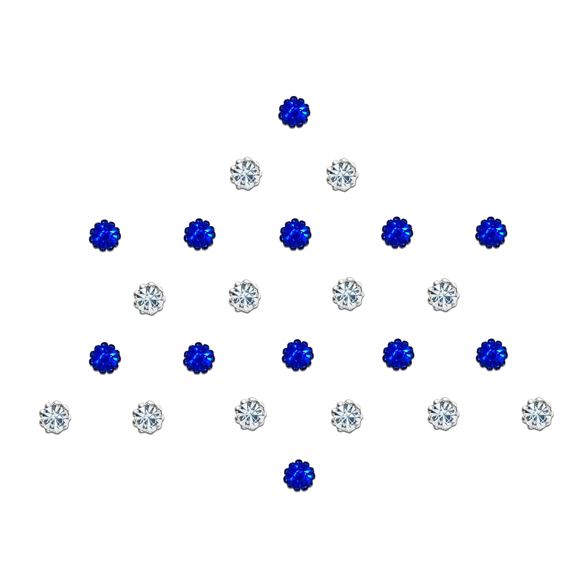 Comet Busters Royal Blue & Crystal Floral Stone Bindi sheet featuring reusable royal blue and clear floral rhinestone bindis with sparkling faceted stones in a flower design. Premium self-adhesive forehead stickers for women and girls, ideal for weddings, festivals, parties, receptions, bridal wear, and traditional or fusion ethnic styling.