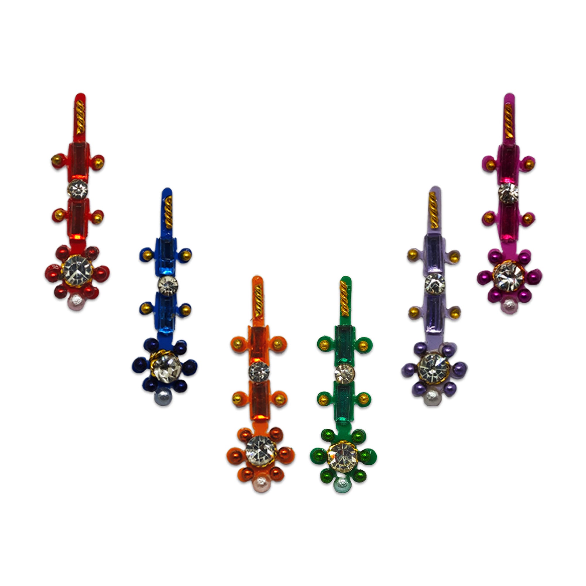 Comet Busters Royal Sapphire Stone Designer Long Bindi featuring a blue rectangular crystal design with a sparkling white center stone, gold bead accents, and a floral crystal motif at the base. Perfect for weddings, festivals, parties, and traditional ethnic wear for women and girls.
