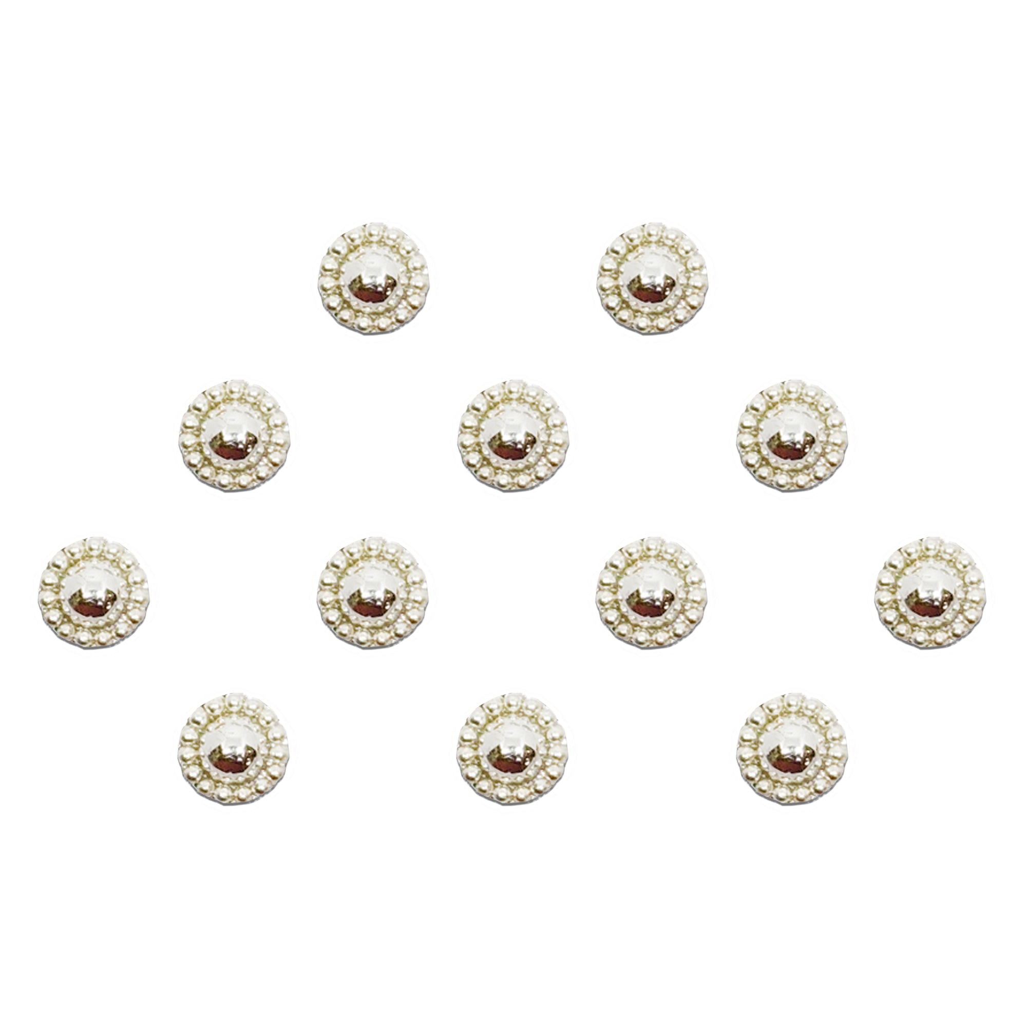 Comet Busters shiny bead border bindis featuring silver metallic round bindis with glossy dome centers and elegant shiny bead detailing for traditional and festive ethnic wear.