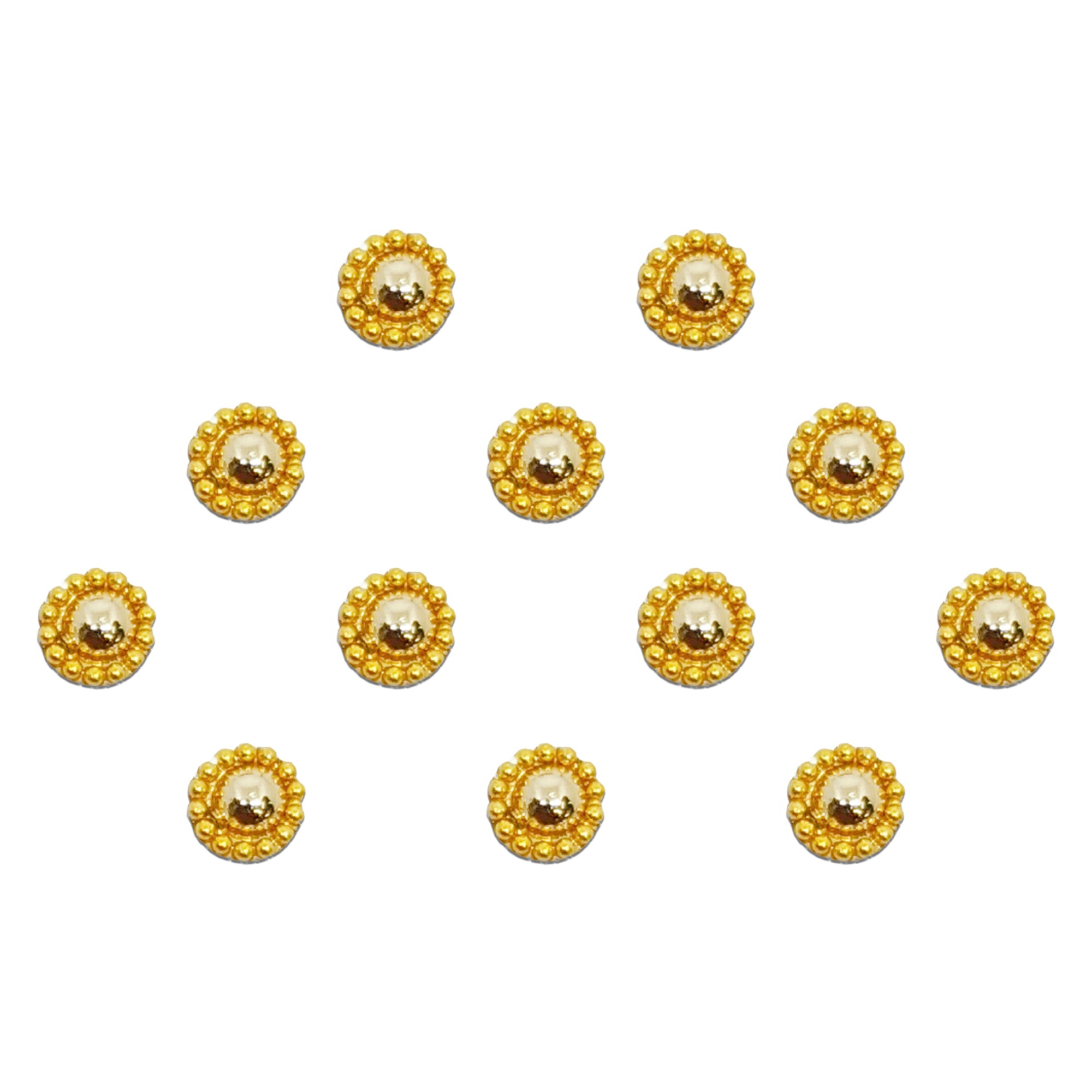 Comet Busters shiny bead border bindis featuring gold metallic round bindis with glossy dome centers and elegant shiny bead detailing for traditional and festive ethnic wear.