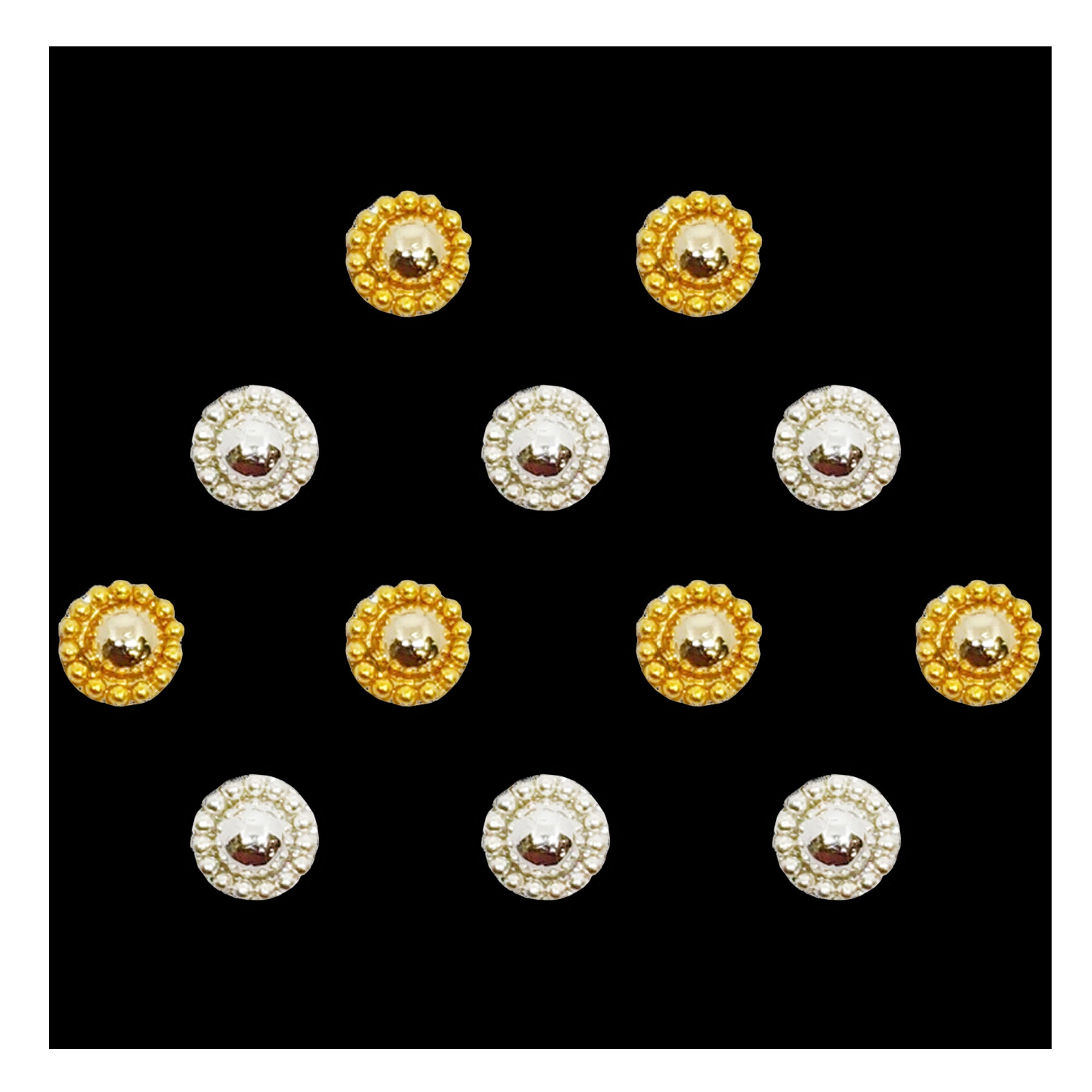 Comet Busters shiny bead border round bindis featuring gold and silver metallic designer bindis with glossy dome centers and intricate shiny bead detailing for festive and traditional ethnic wear.