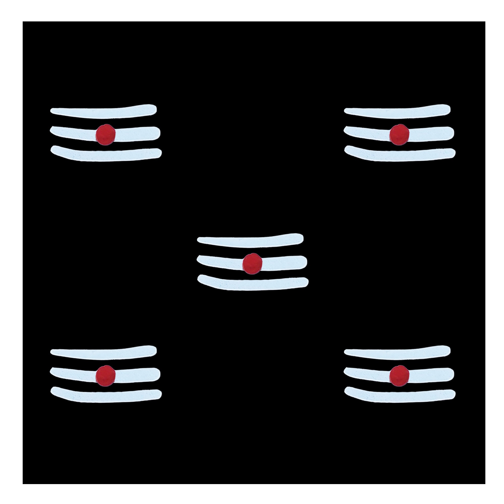 White Tripundra tilak designer bindi with three horizontal sacred lines and a central red dot, spiritual stick-on forehead accessory inspired by Lord Shiva.