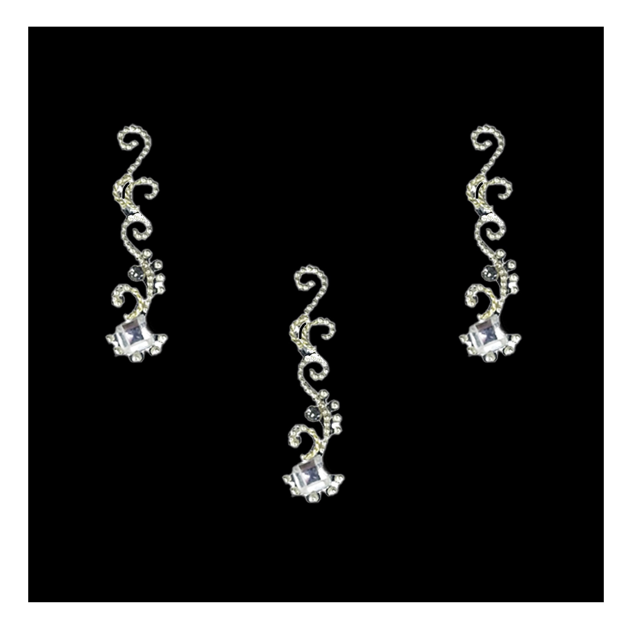 Comet Busters silver-tone designer long bindis featuring an elegant swirl vine pattern with sparkling clear crystal embellishments and a square-cut crystal accent. Self-adhesive forehead bindis perfect for weddings, festivals, bridal wear, parties, puja, and traditional ethnic outfits.