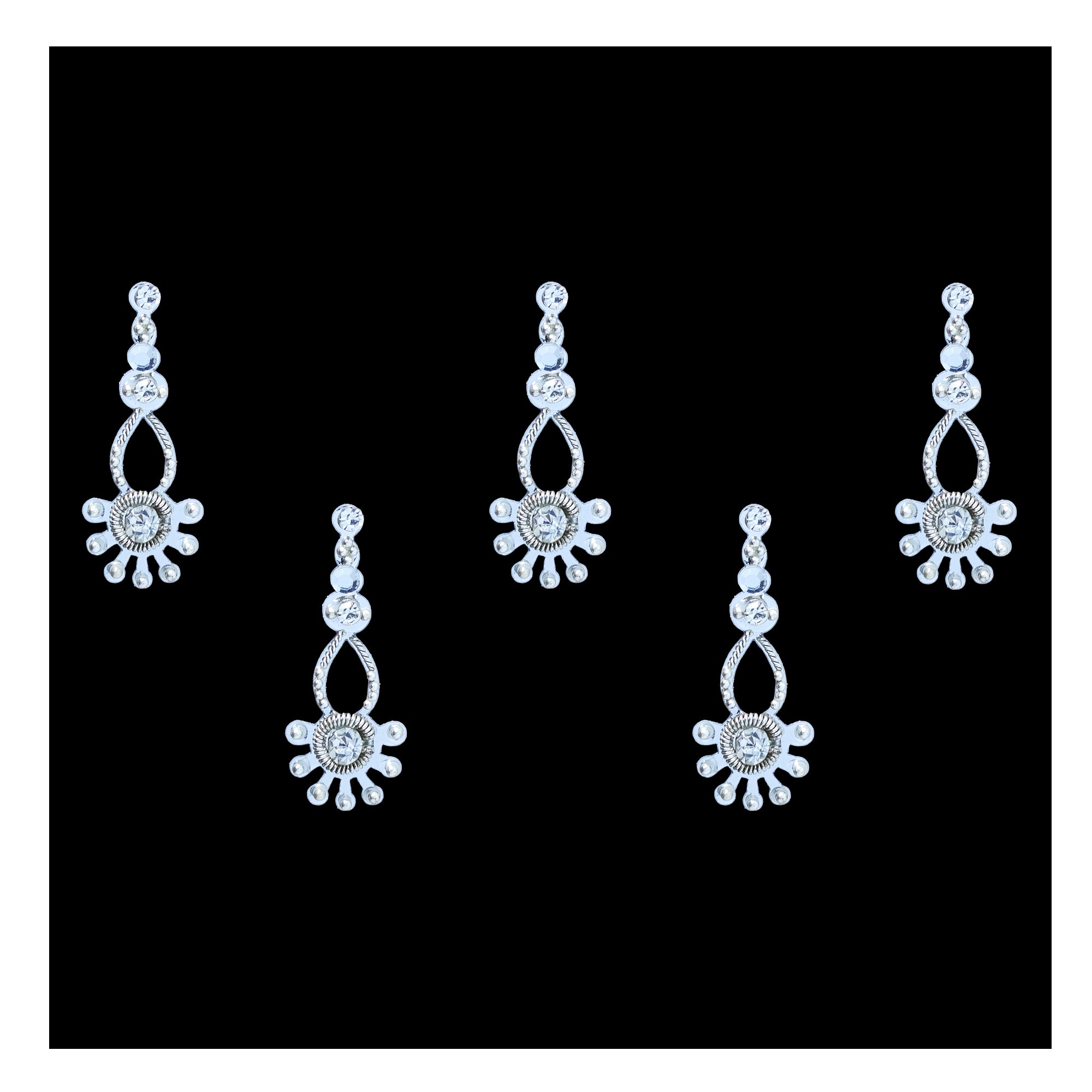 Comet Busters Silver Drop Crystal Bindi for Women and Girls, elegant gold-tone designer bindi featuring sparkling crystal stones, a teardrop-shaped open motif and sun-inspired decorative detailing, reusable forehead accessory for weddings, festive occasions, parties and traditional ethnic wear.