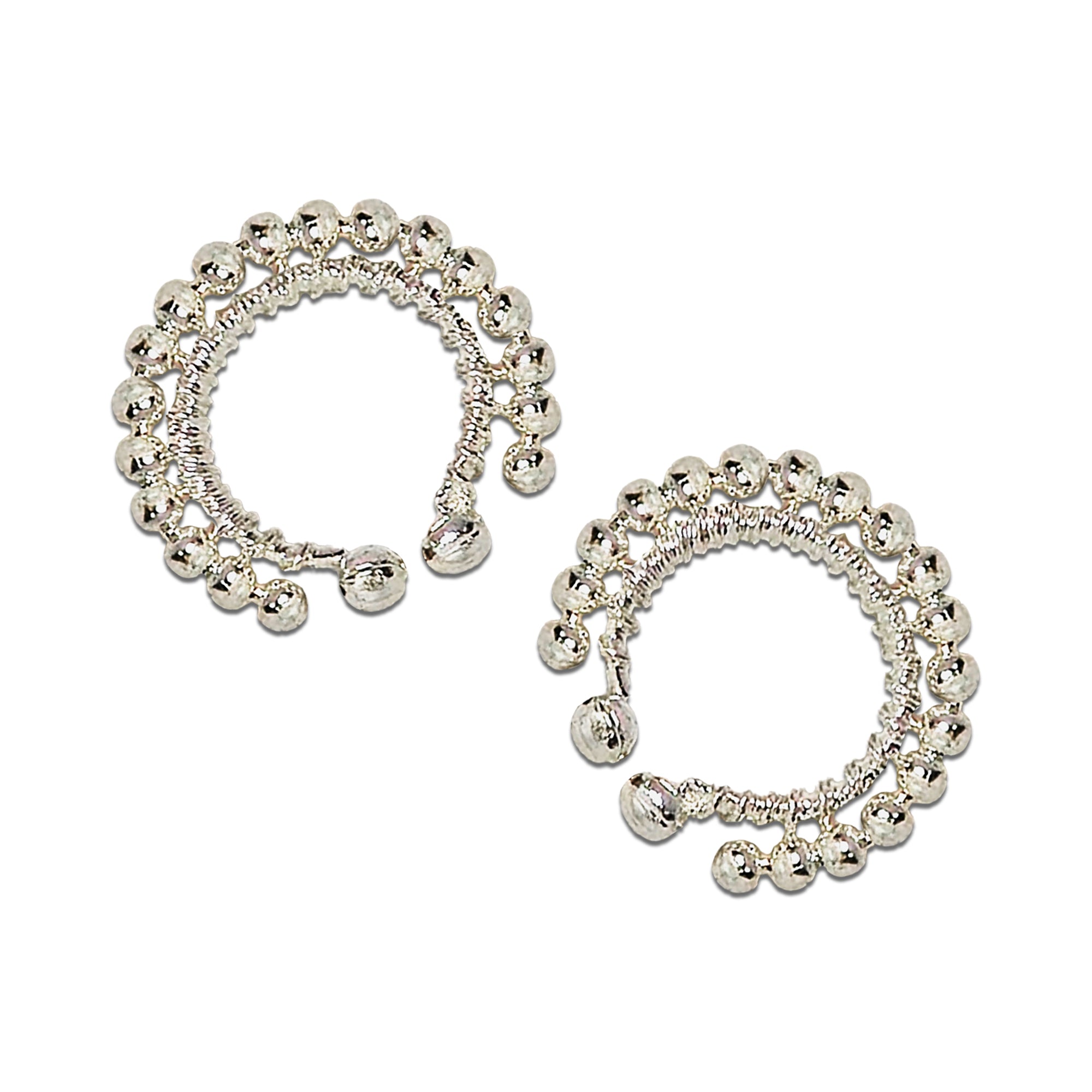 Comet Busters silver-tone designer nose ring featuring an ornate open-hoop design with layered beaded detailing and delicate hanging accents for a traditional and elegant look.