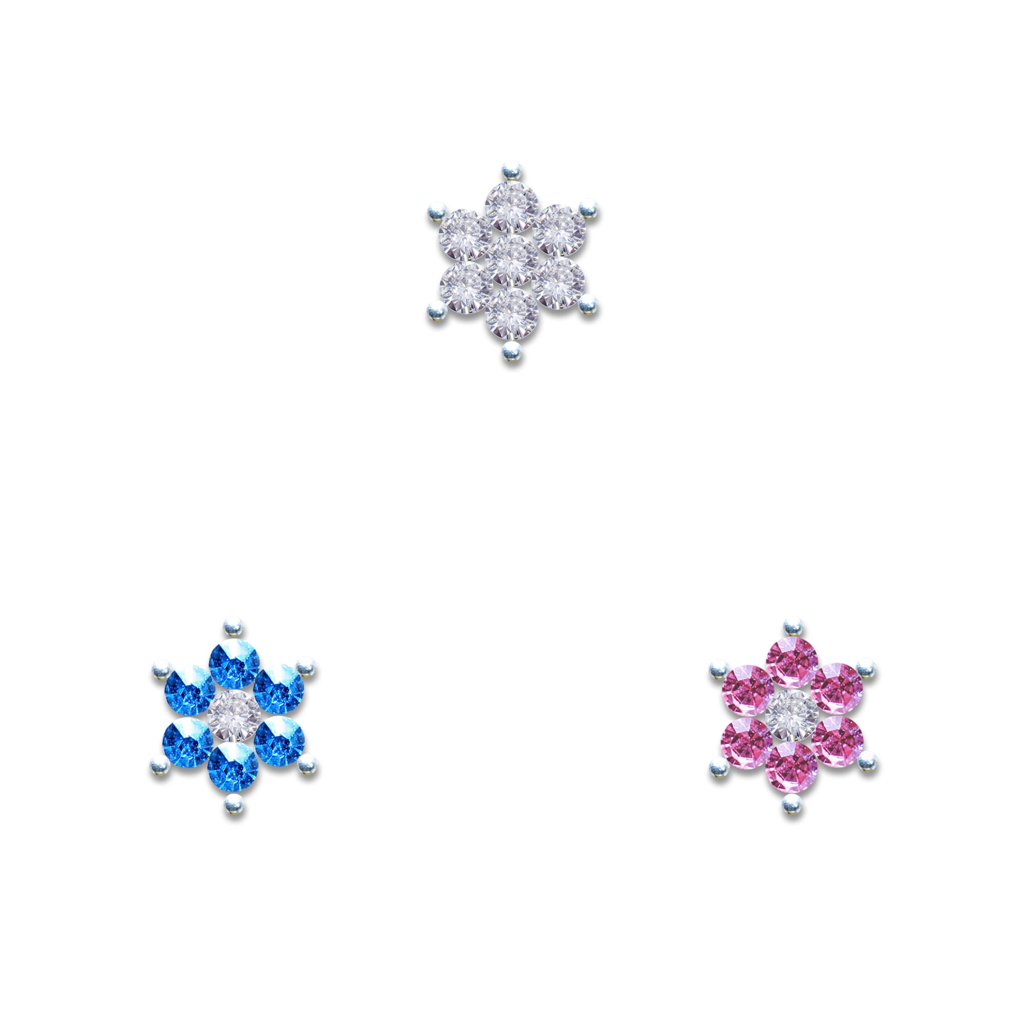 Comet Busters silver floral nose stud with four clear crystal stones and side bead accents for women and girls
