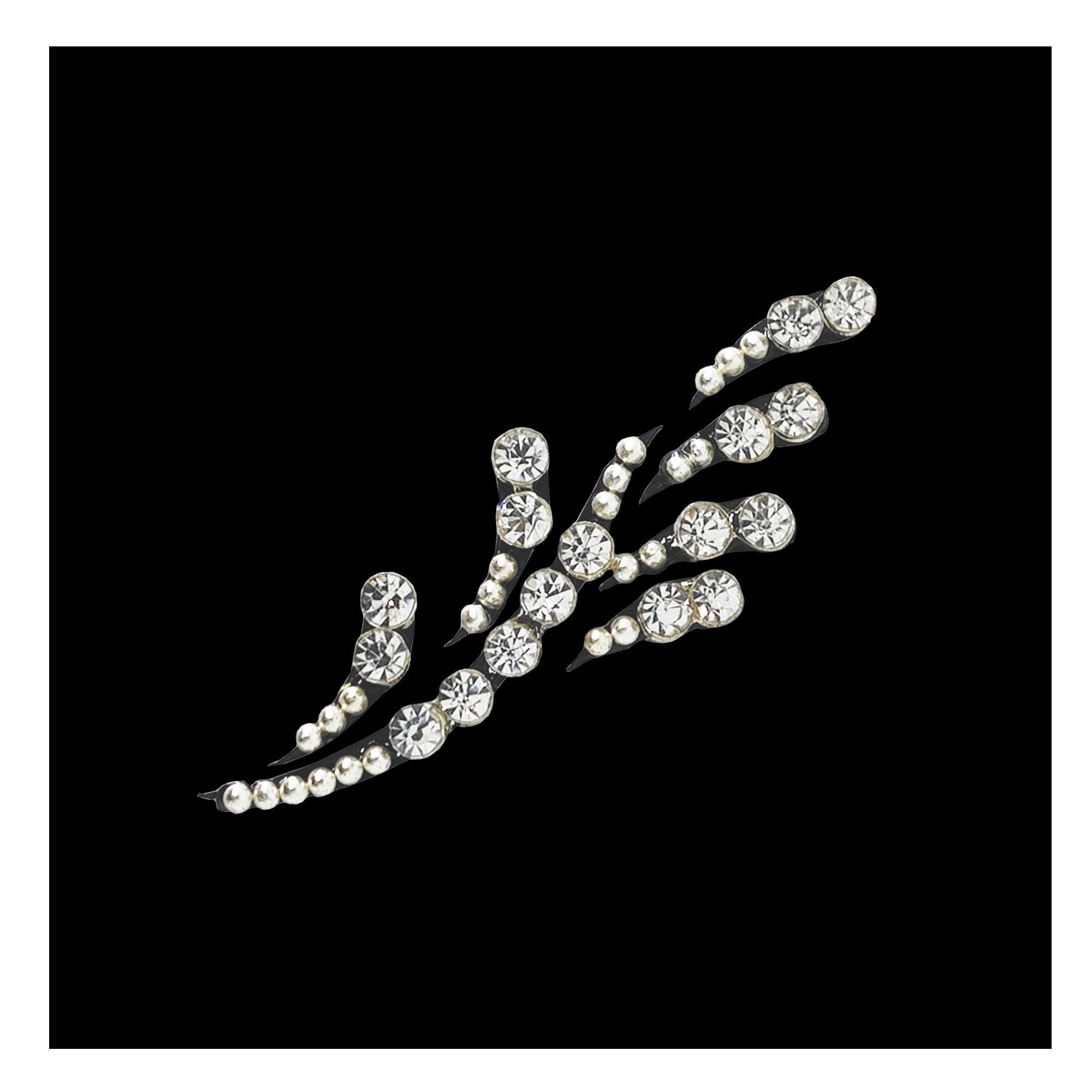 Comet Busters silver crystal curved designer bindi sheet featuring 6 elegant curved bindis with sparkling rhinestones and pearl accents, reusable forehead bindis for women and girls, perfect for weddings, receptions, festive occasions, parties, and glamorous ethnic styling.