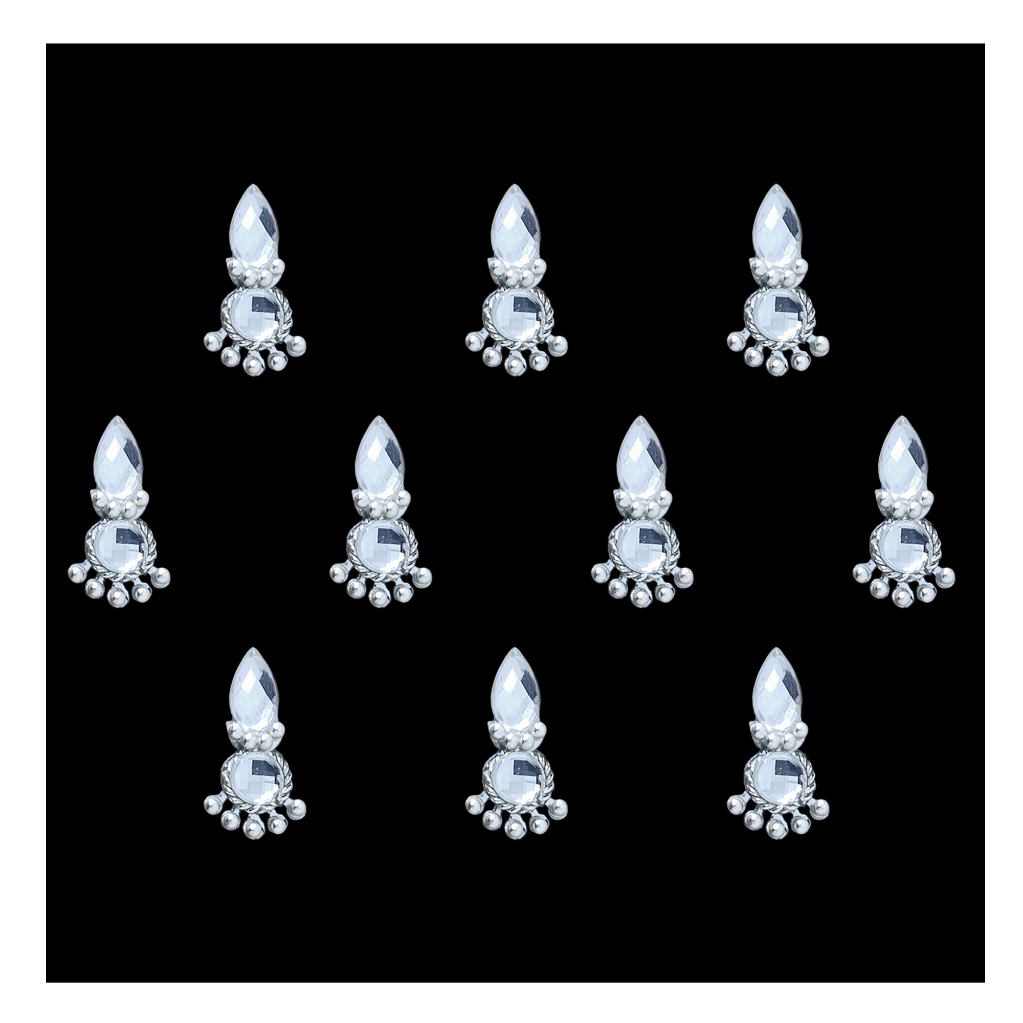 Comet Busters silver crystal drop designer bindi set featuring elegant teardrop-shaped clear stones with round crystal accents and metallic bead detailing, reusable forehead stickers for women and girls.