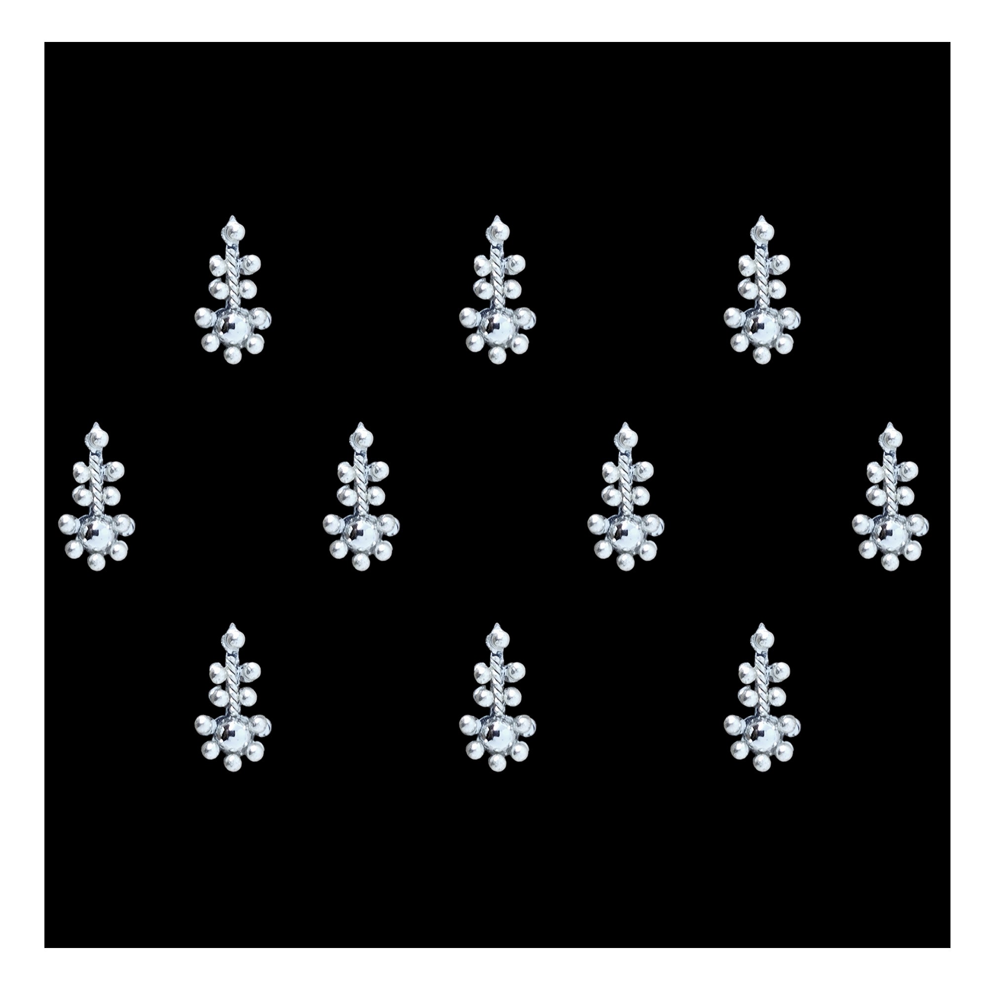 Comet Busters silver crystal drop designer bindi set featuring elegant teardrop-shaped clear stones with round crystal accents and metallic bead detailing, reusable forehead stickers for women and girls.