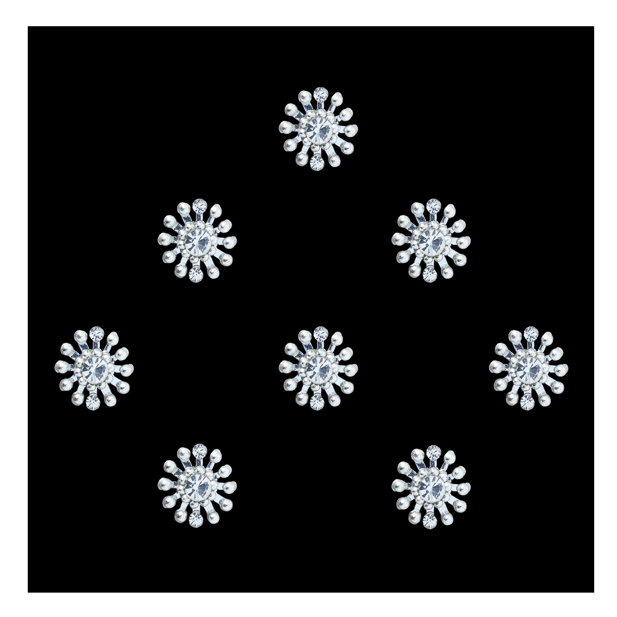 Comet Busters silver crystal sunburst floral bindi with round center stone, self-adhesive designer bindi for women and girls, ideal for bridal, festive and traditional occasions.
