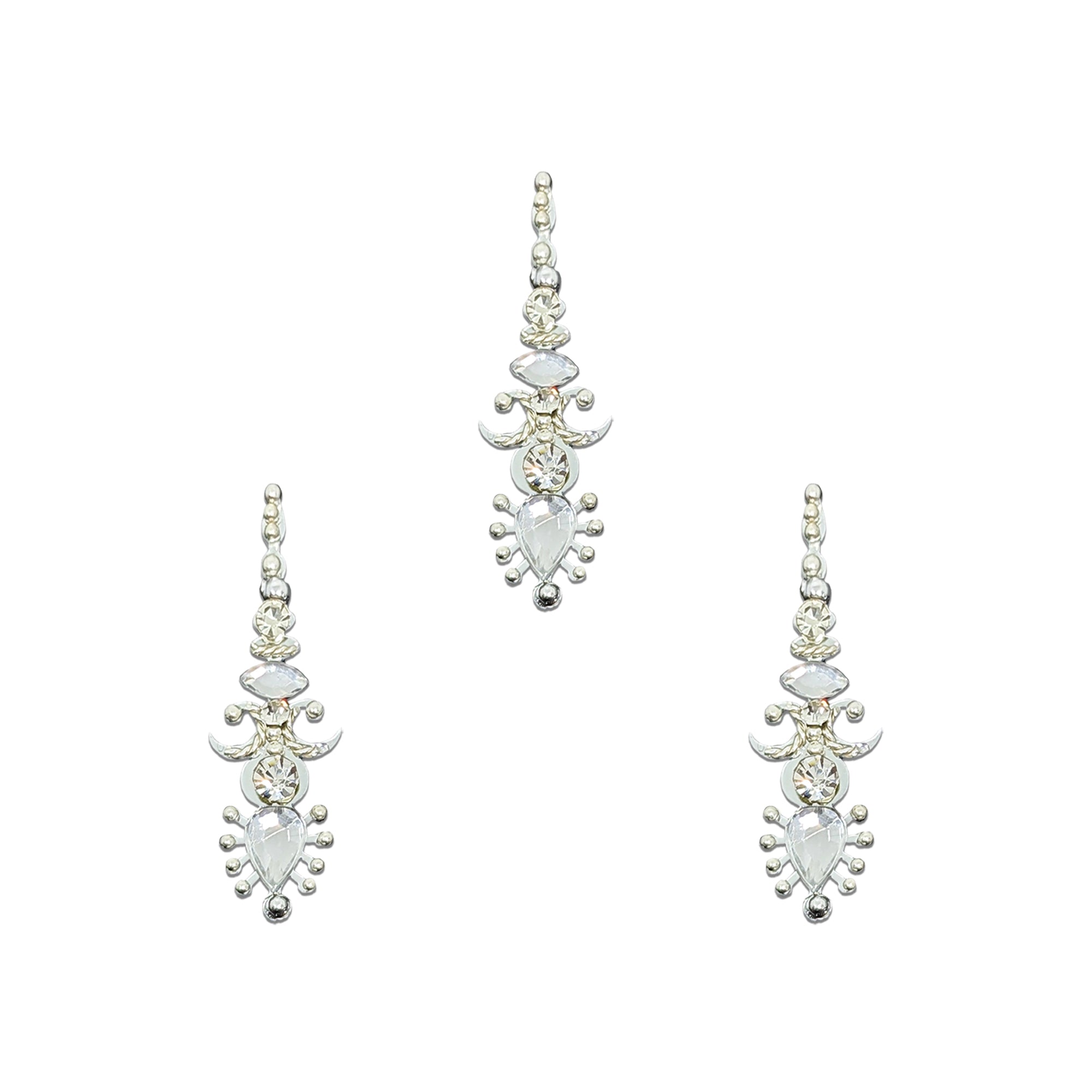 Comet Busters Silver Crystal Long Drop Bindi featuring a sleek vertical design embellished with sparkling white crystal stones and silver bead accents. Premium self-adhesive designer bindi ideal for bridal wear, weddings, festivals, parties, and traditional ethnic fashion.