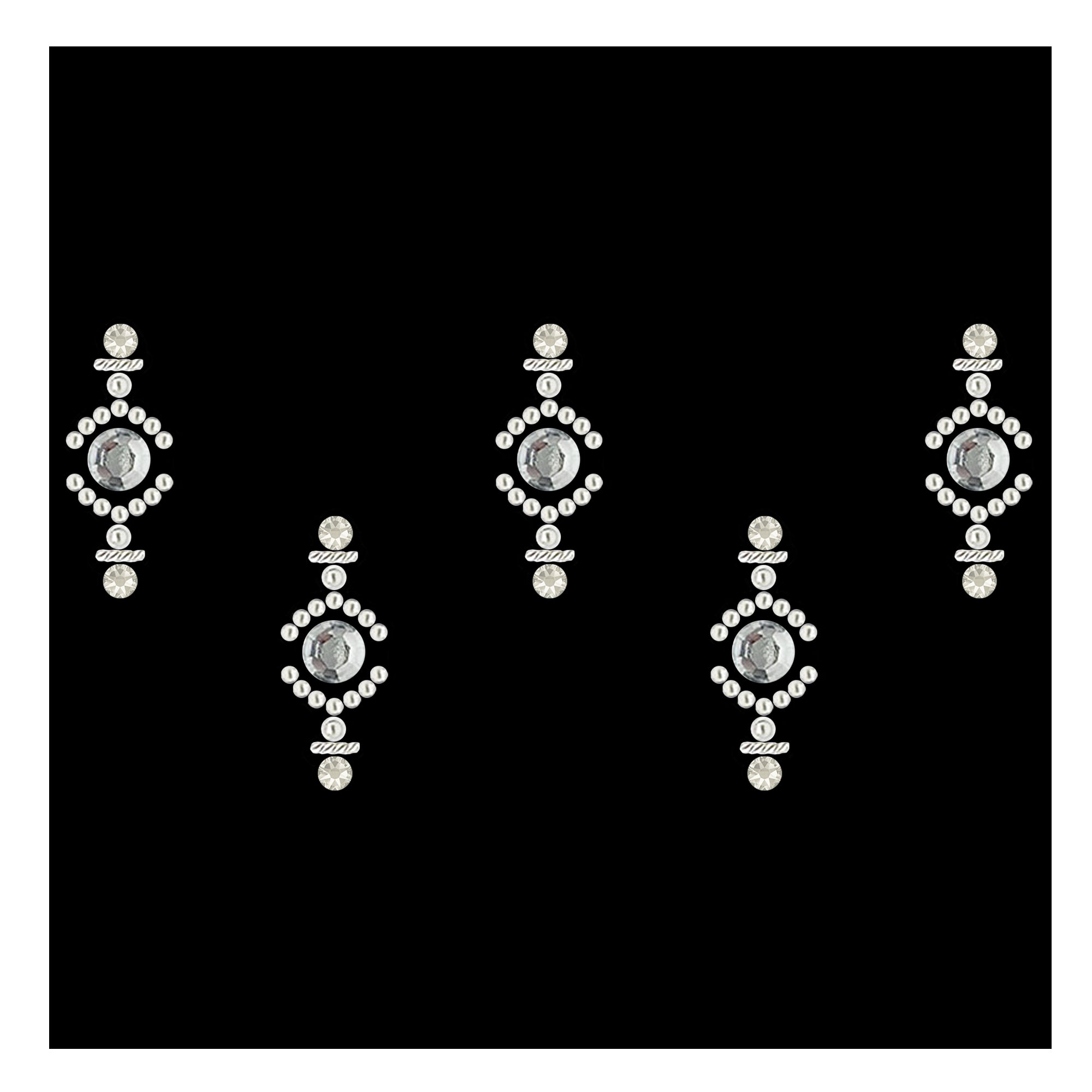Comet Busters premium silver designer bindis featuring a central crystal stone with pearl bead detailing in a geometric diamond-shaped pattern accented with sparkling rhinestones for festive and party wear styling.