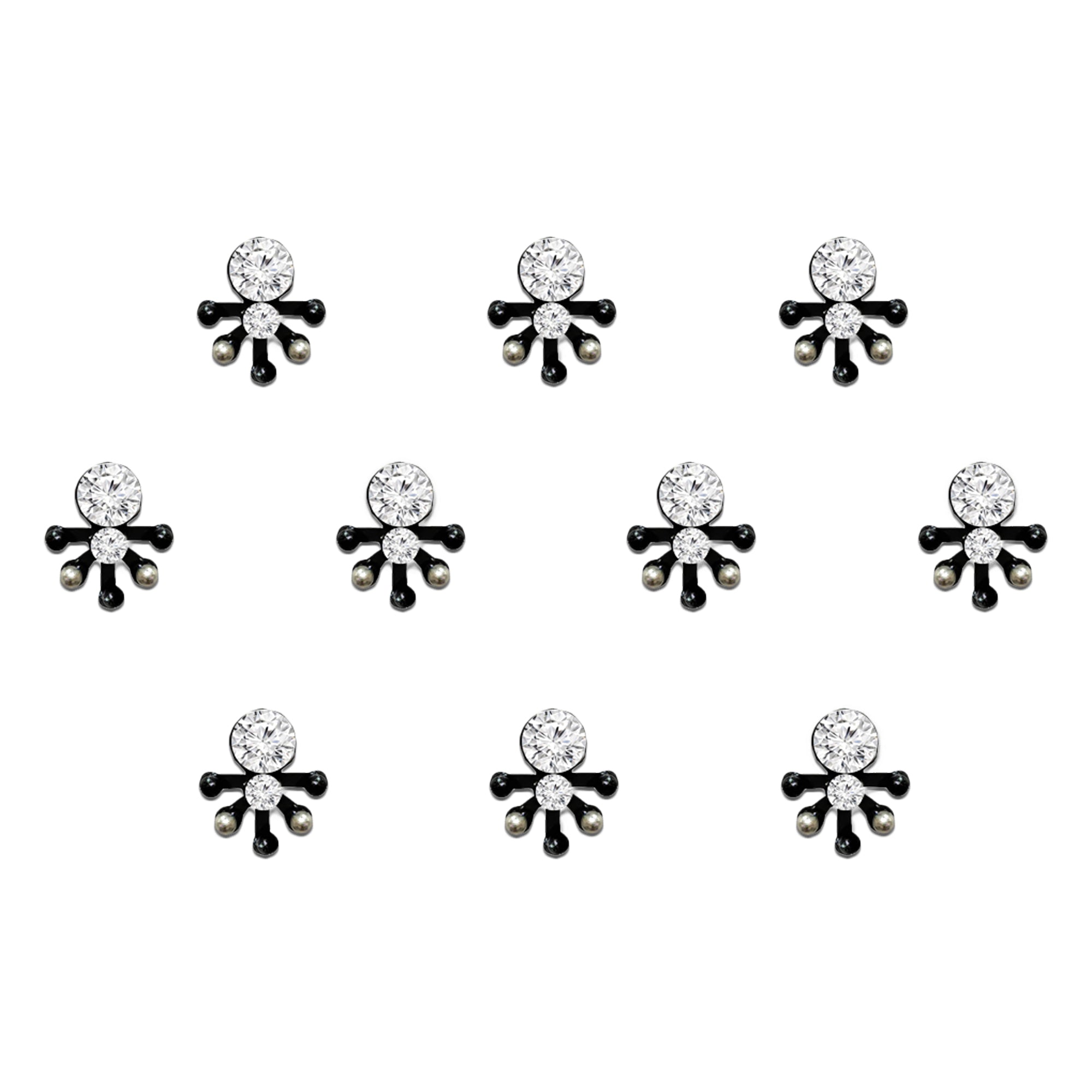 Comet Busters Silver Floral Designer Bindis featuring a Silver stone centerpiece with black petal accents and Silver bead detailing, elegant self-adhesive bindis for women and girls.
