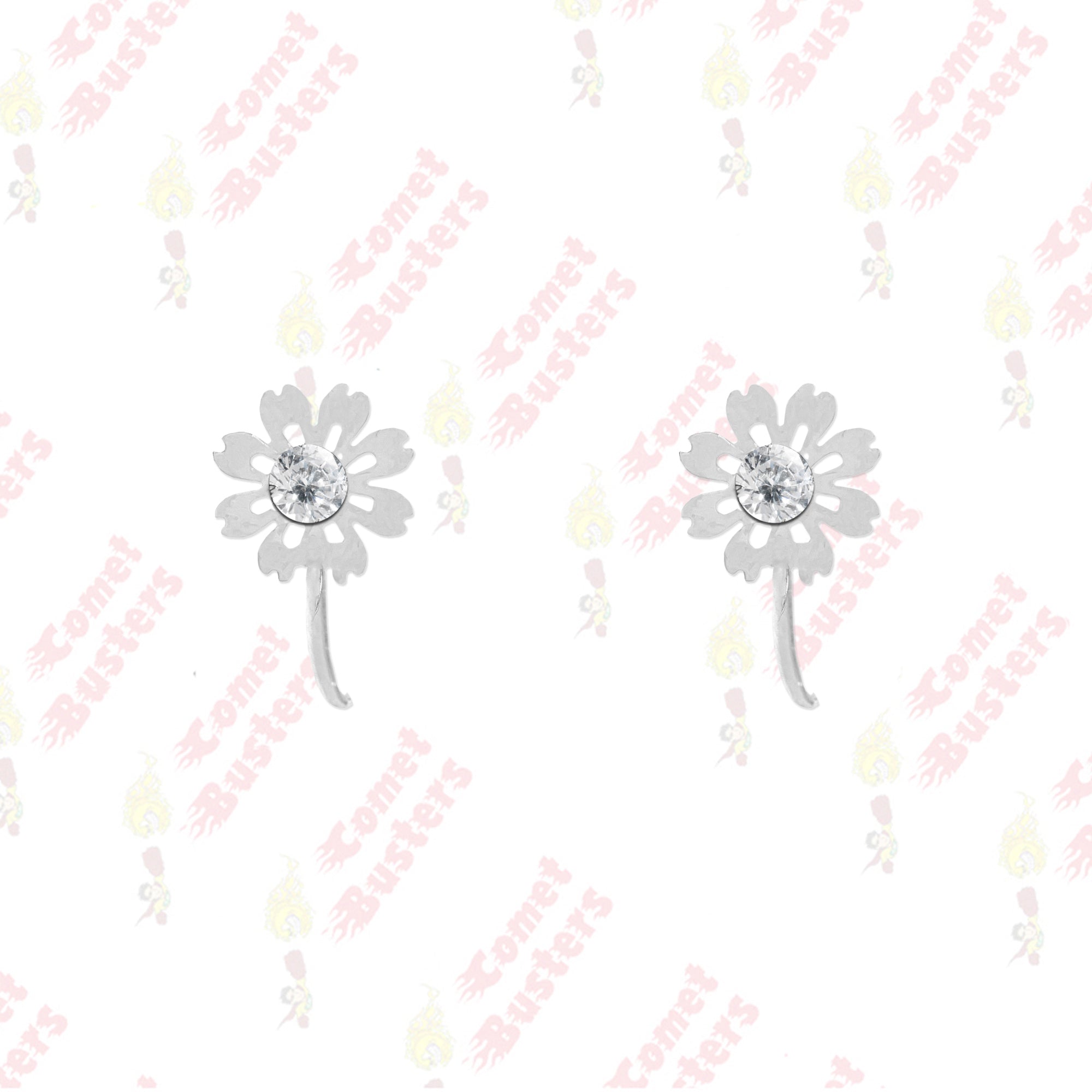 Comet Busters silver-tone flower-shaped nose stud featuring a delicate open-petal design and a sparkling clear crystal center with a long stick for easy application.
