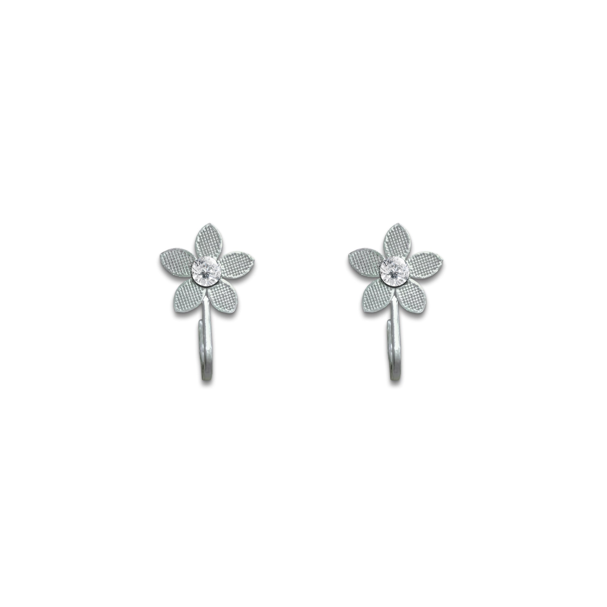 Comet Busters silver-tone flower-shaped nose stud featuring a delicate open-petal design and a sparkling clear crystal center with a long stick for easy application.
