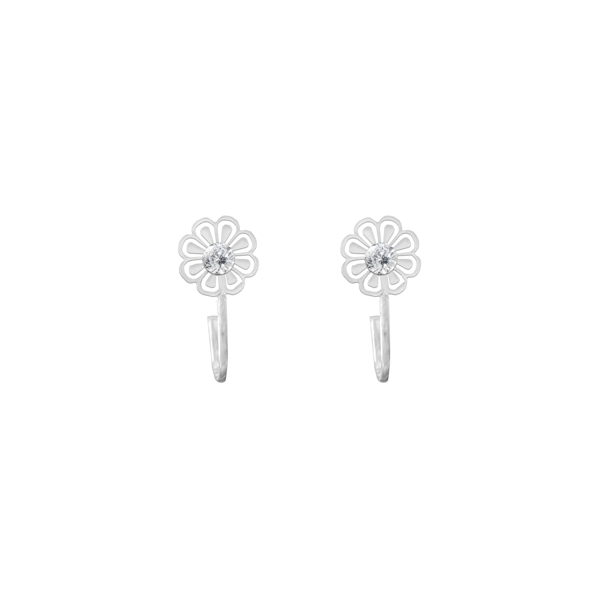 Comet Busters silver-tone flower-shaped nose stud featuring a delicate open-petal design and a sparkling clear crystal center with a long stick for easy application.