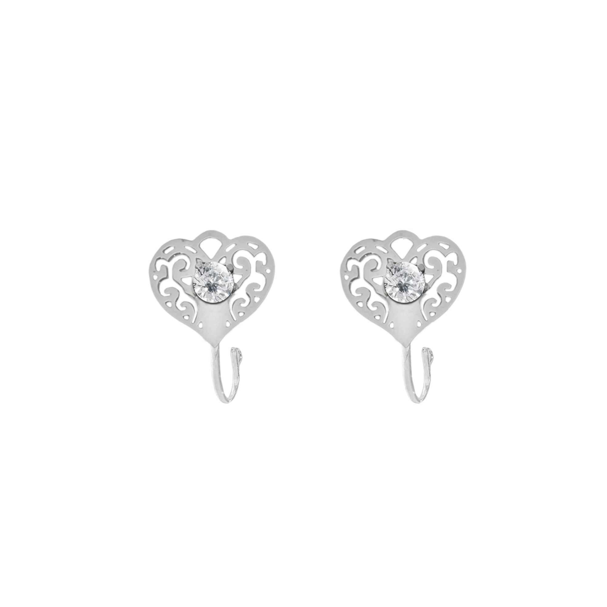 Comet Busters silver-tone flower-shaped nose stud featuring a delicate open-petal design and a sparkling clear crystal center with a long stick for easy application.