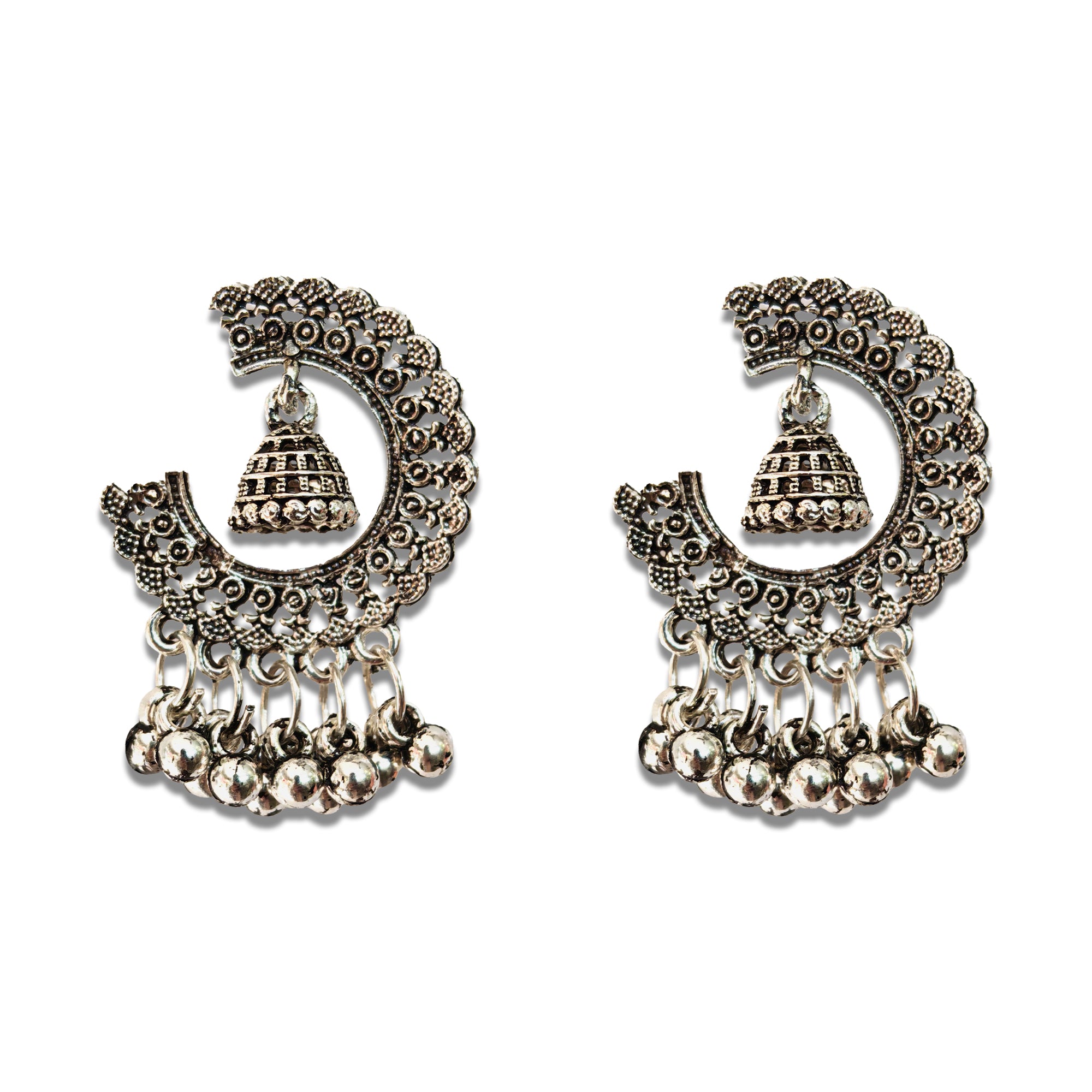 Comet Busters silver oxidized chandbali jhumka nose studs with intricate traditional detailing, hanging bell motif and multiple silver bead accents for women and girls