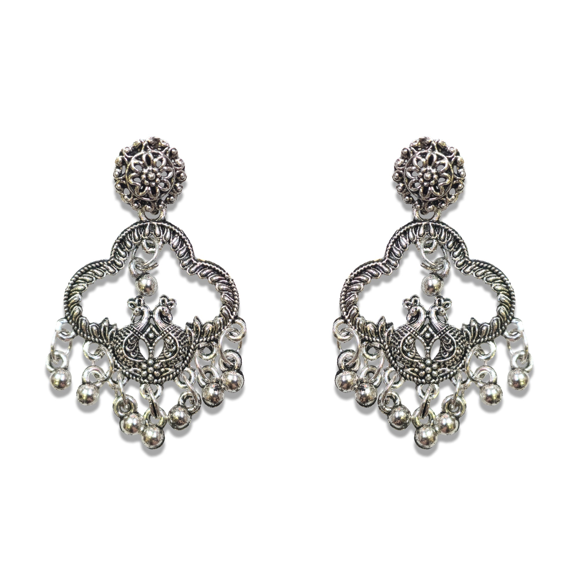 Comet Busters silver oxidized floral chandbali nose studs with intricate filigree detailing, decorative center motif and multiple hanging silver bead accents for women and girl