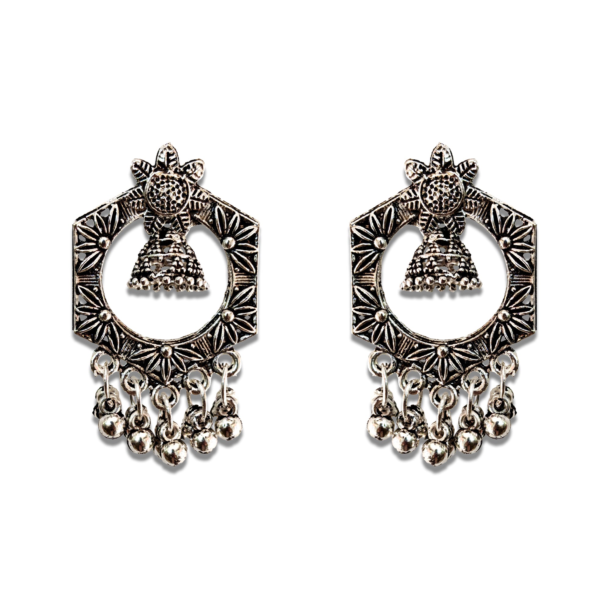 Comet Busters silver oxidized hexagon nose studs with floral detailing, a hanging jhumka bell and multiple dangling silver bead accents for women and girls