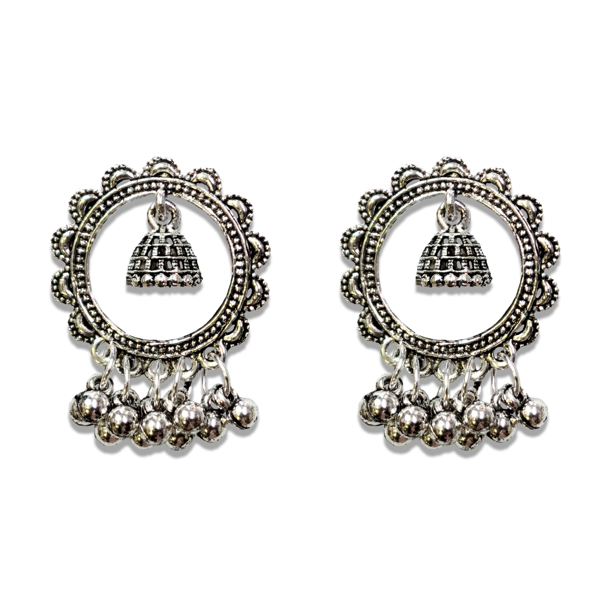 Comet Busters silver oxidized hexagon nose studs with floral detailing, a hanging jhumka bell and multiple dangling silver bead accents for women and girls