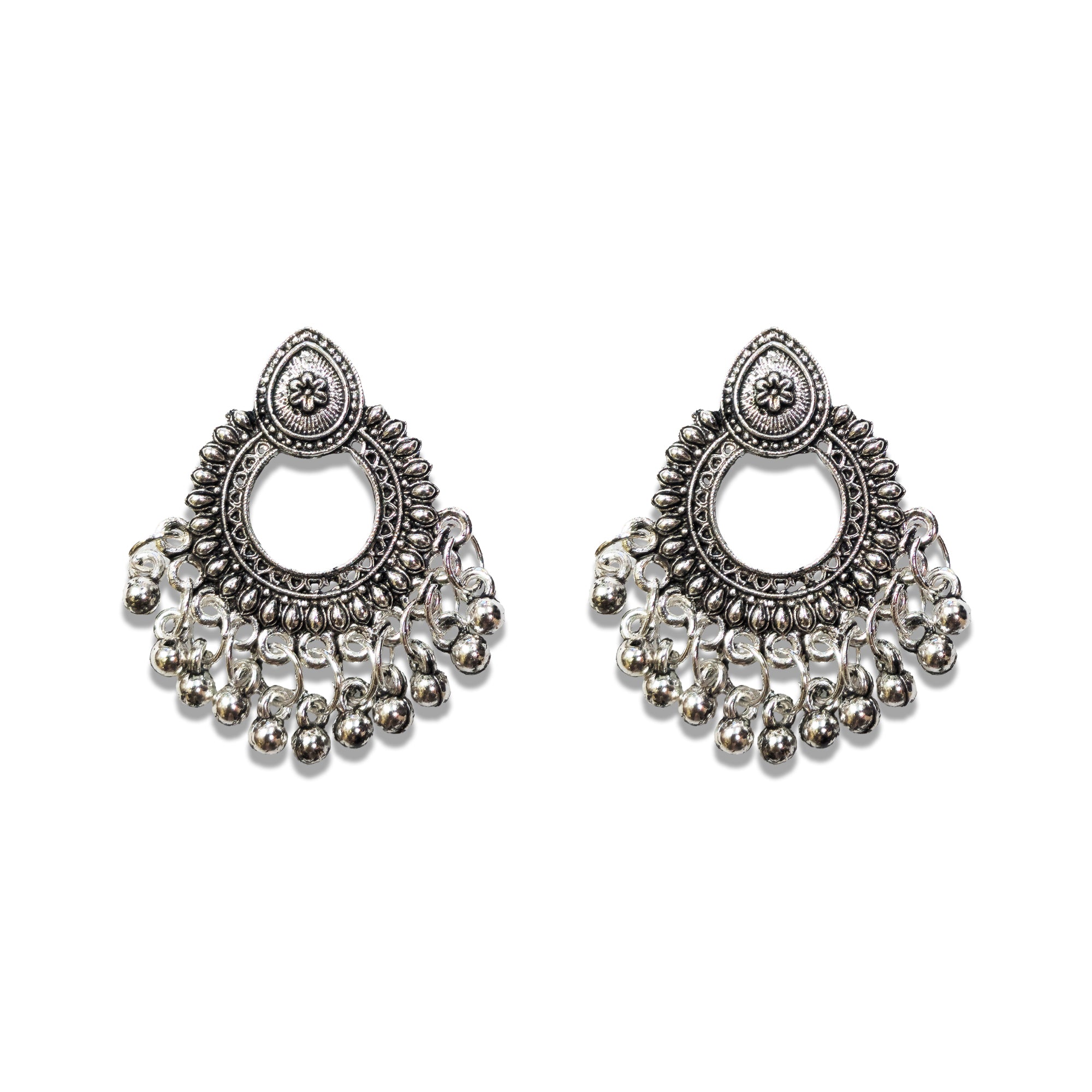 Comet Busters silver oxidized teardrop chandbali nose studs with intricate floral detailing and multiple hanging silver bead accents for women and girls