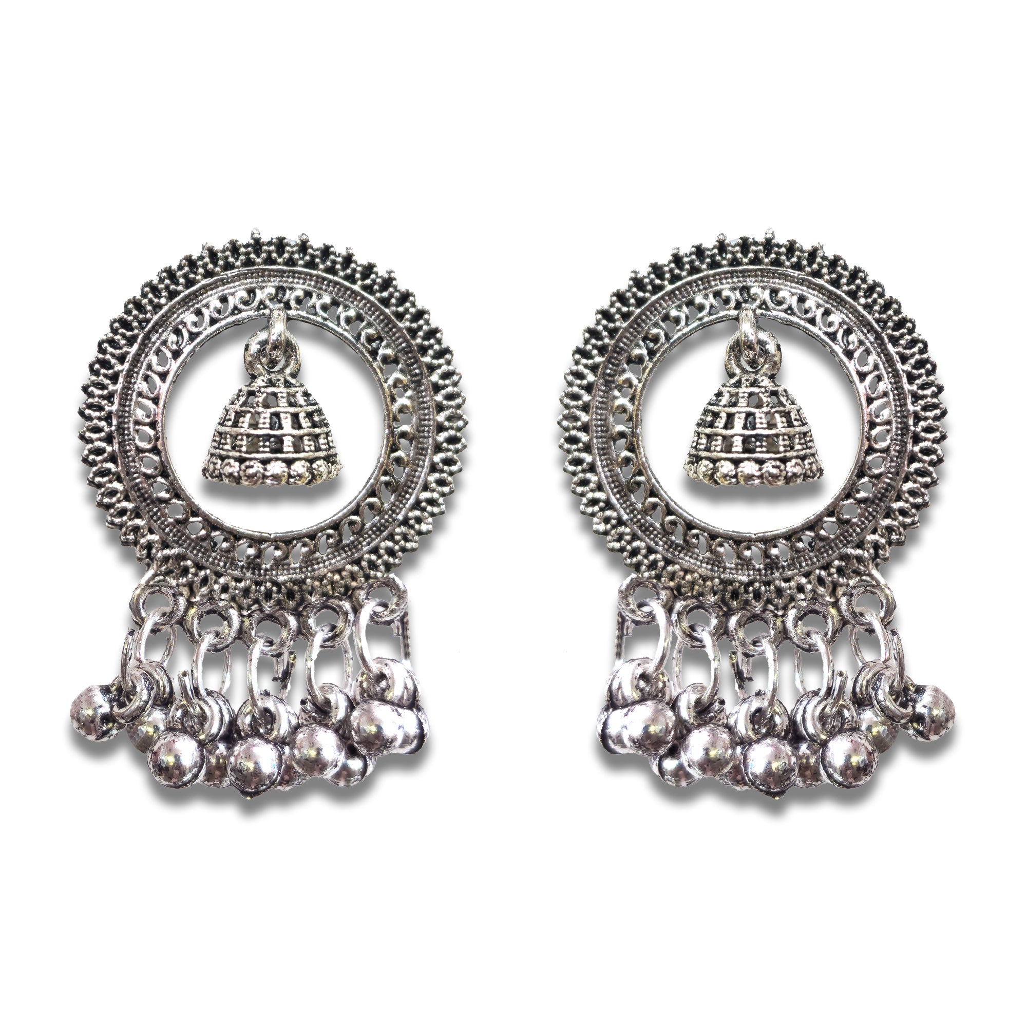 Comet Busters Silver Oxidized Peacock Design Hoop Jhumka Earrings with Intricate Filigree Work and Hanging Bell Charms