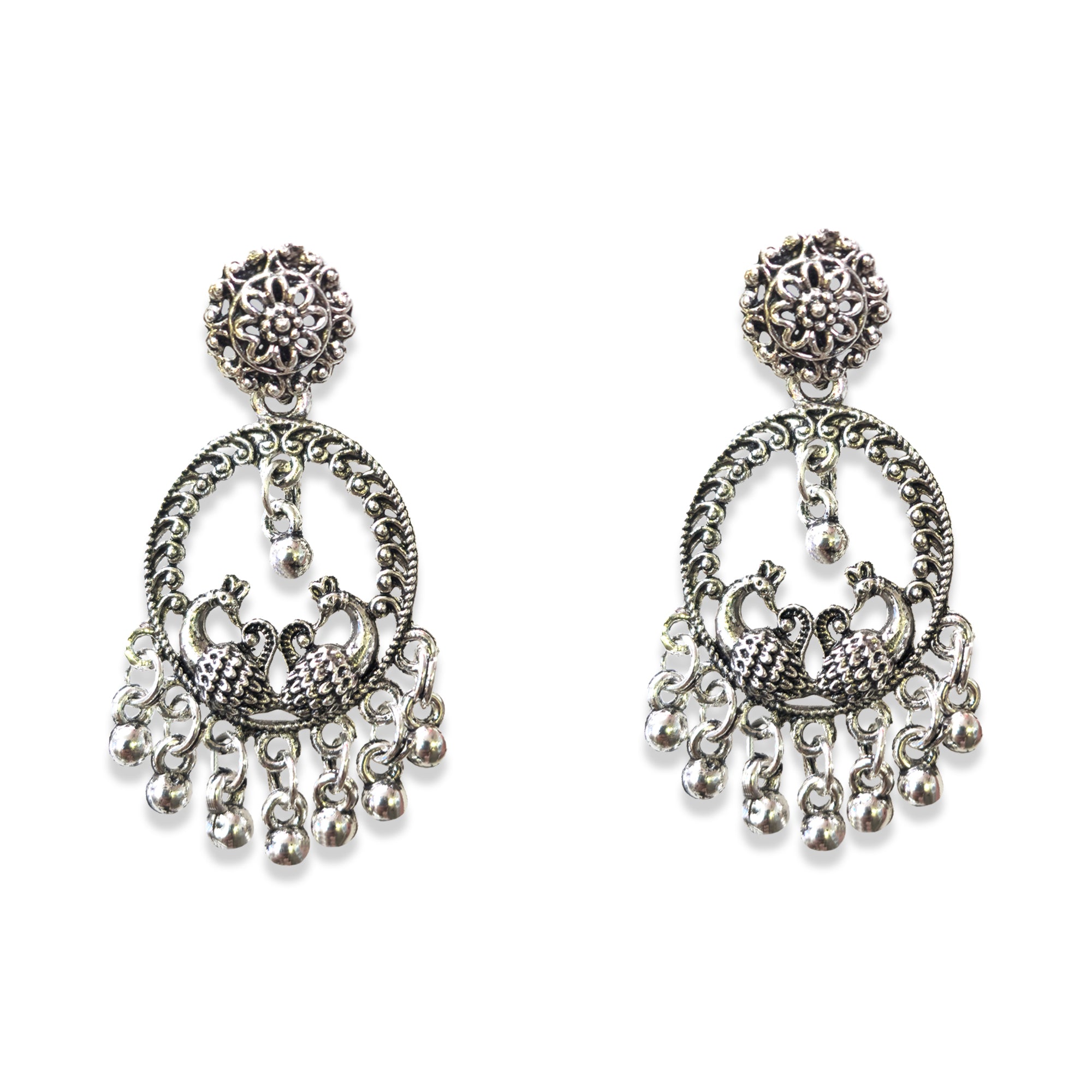 Comet Busters Silver Oxidized Peacock Design Hoop Jhumka Earrings with Intricate Filigree Work and Hanging Bell Charms
