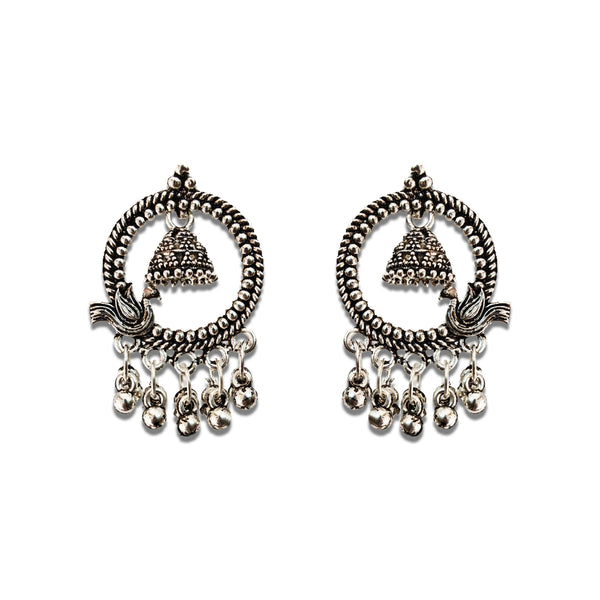 Comet Busters Silver Peacock Design Oxidized Jhumka Earrings with Intricate Filigree Work and Hanging Bell Charms