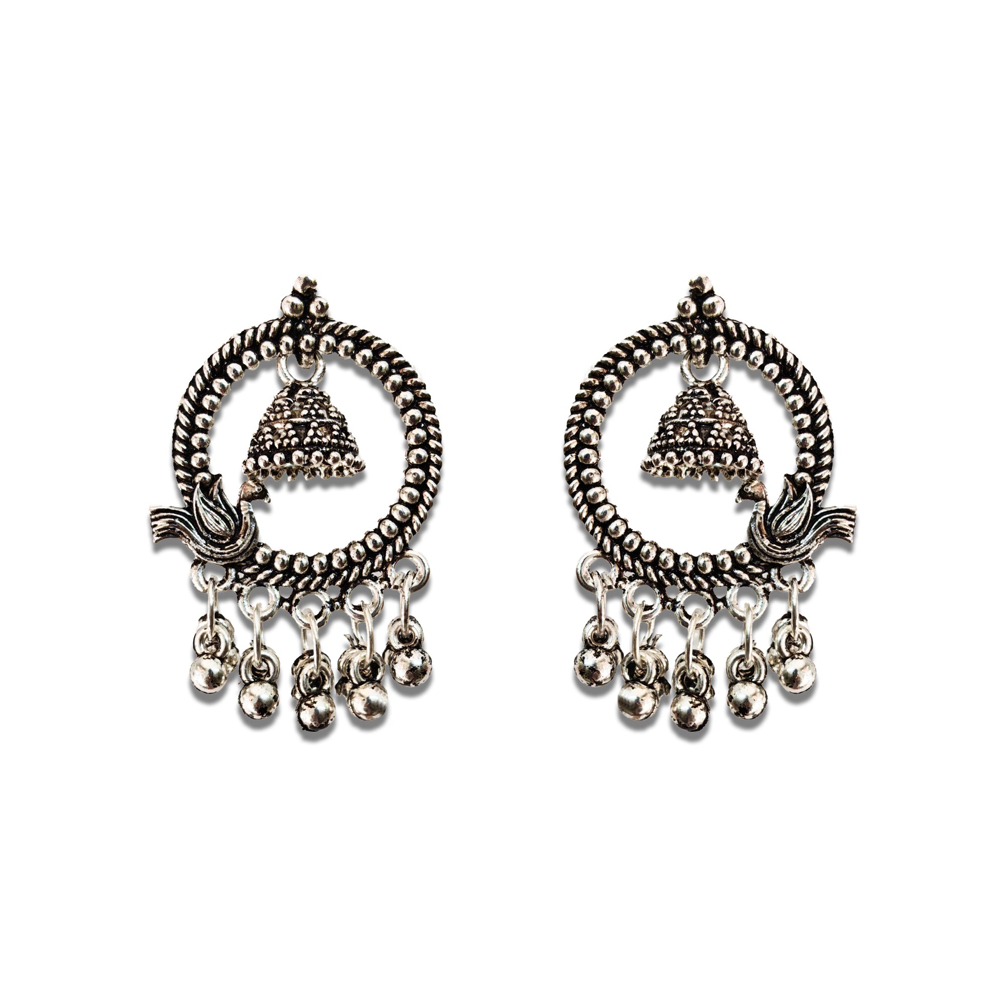 Comet Busters Silver Peacock Design Oxidized Jhumka Earrings with Intricate Filigree Work and Hanging Bell Charms