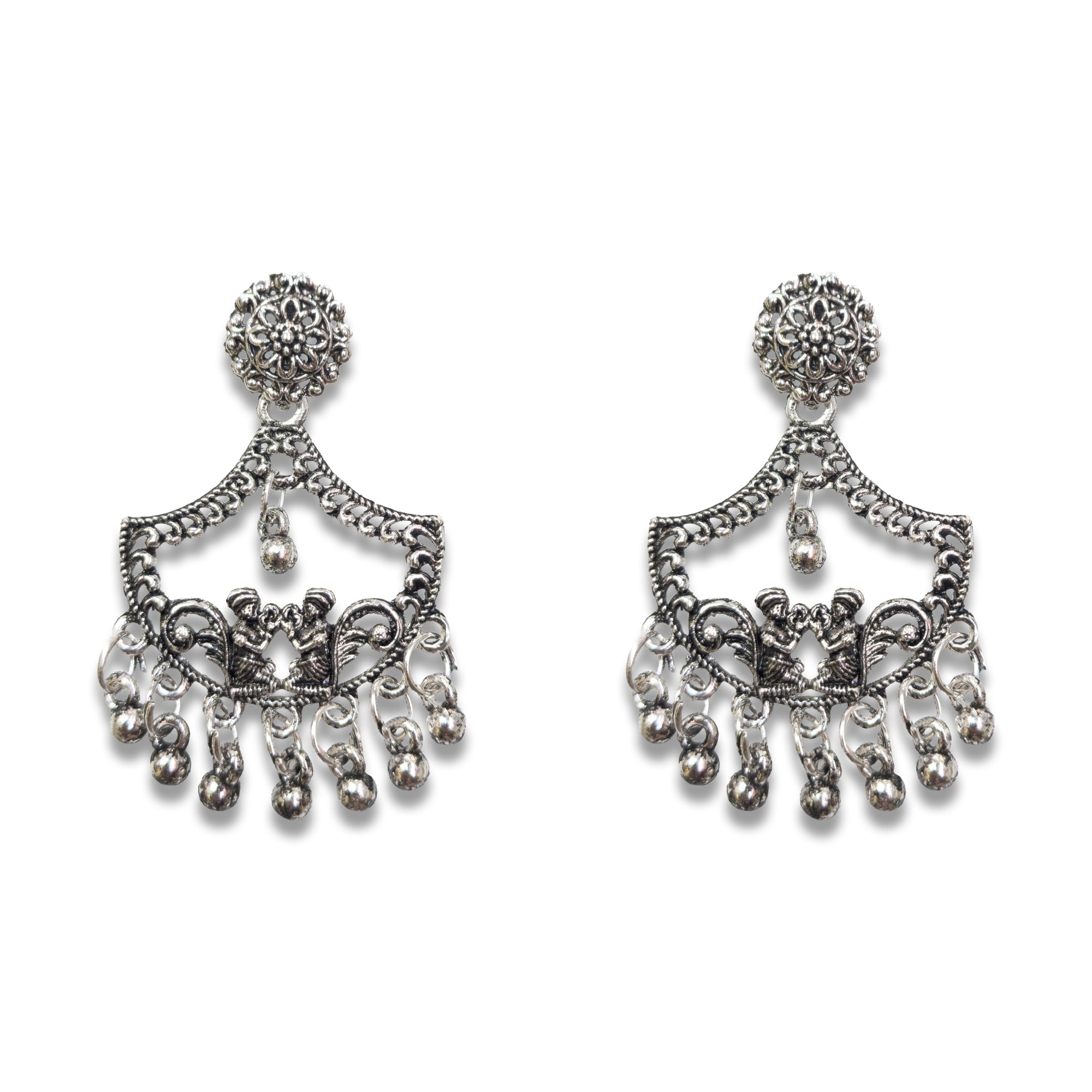 Comet Busters silver oxidized peacock jhumka nose studs with intricate floral detailing and hanging bead accents for women and girls