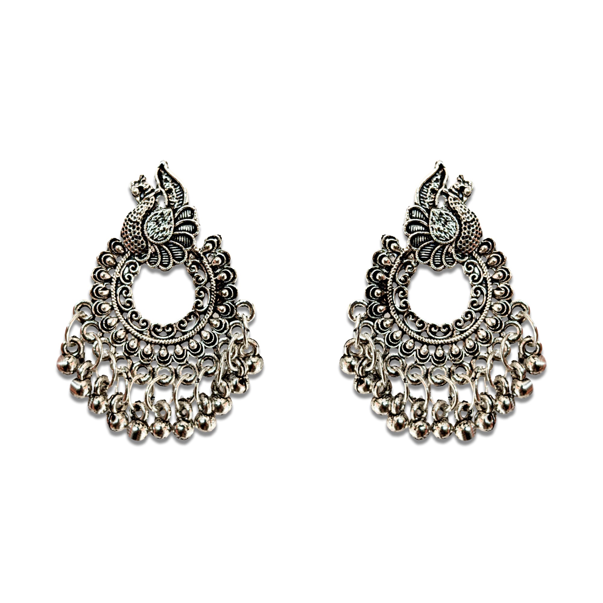 Comet Busters silver oxidized peacock jhumka nose studs with intricate floral detailing and hanging bead accents for women and girls