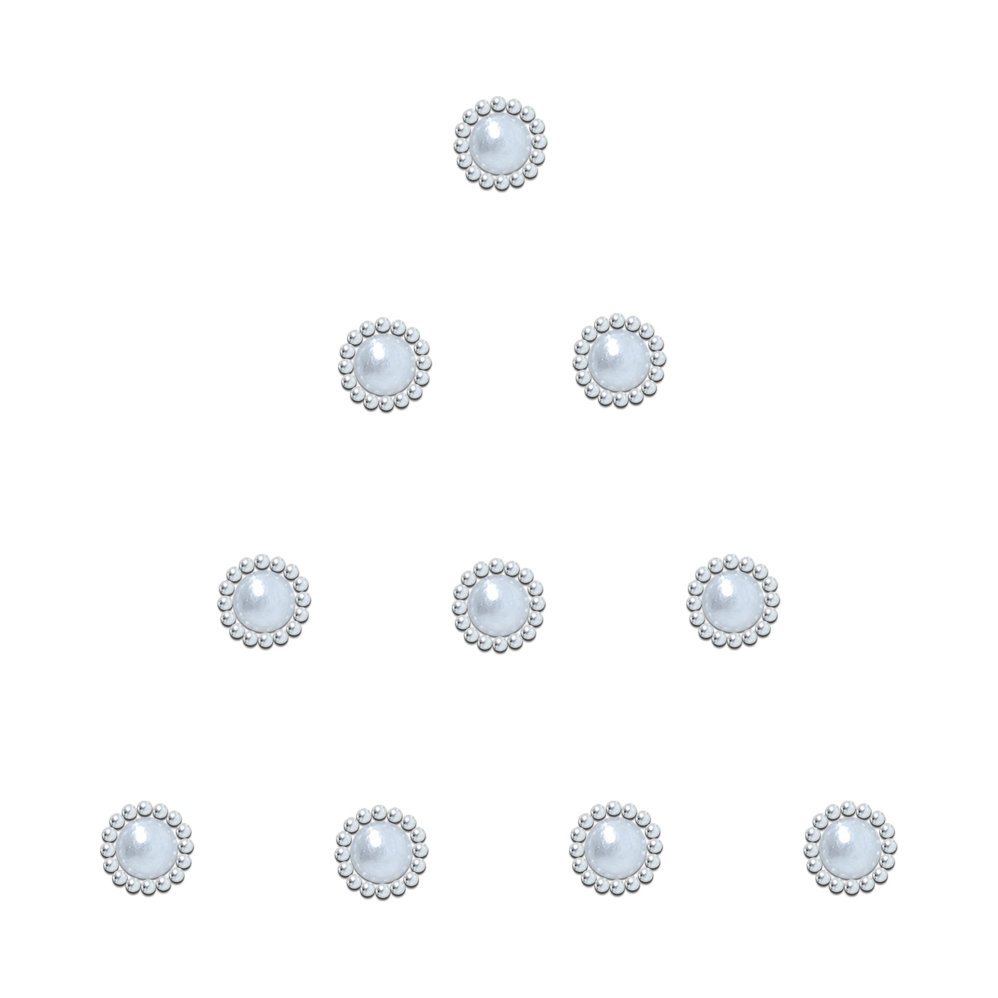 Comet Busters Silver Pearl Halo Round Designer Bindi featuring a glossy white pearl center surrounded by a delicate silver bead border. Elegant self-adhesive designer bindi for women and girls, perfect for weddings, festivals, parties, traditional occasions, ethnic wear, and everyday styling.