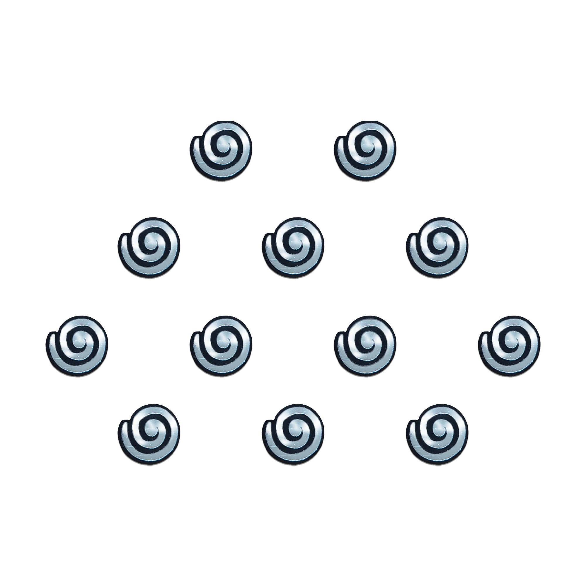 Comet Busters silver spiral mini bindis featuring glossy metallic swirl design in a sleek round shape, perfect for everyday ethnic, festive, and fusion looks.
