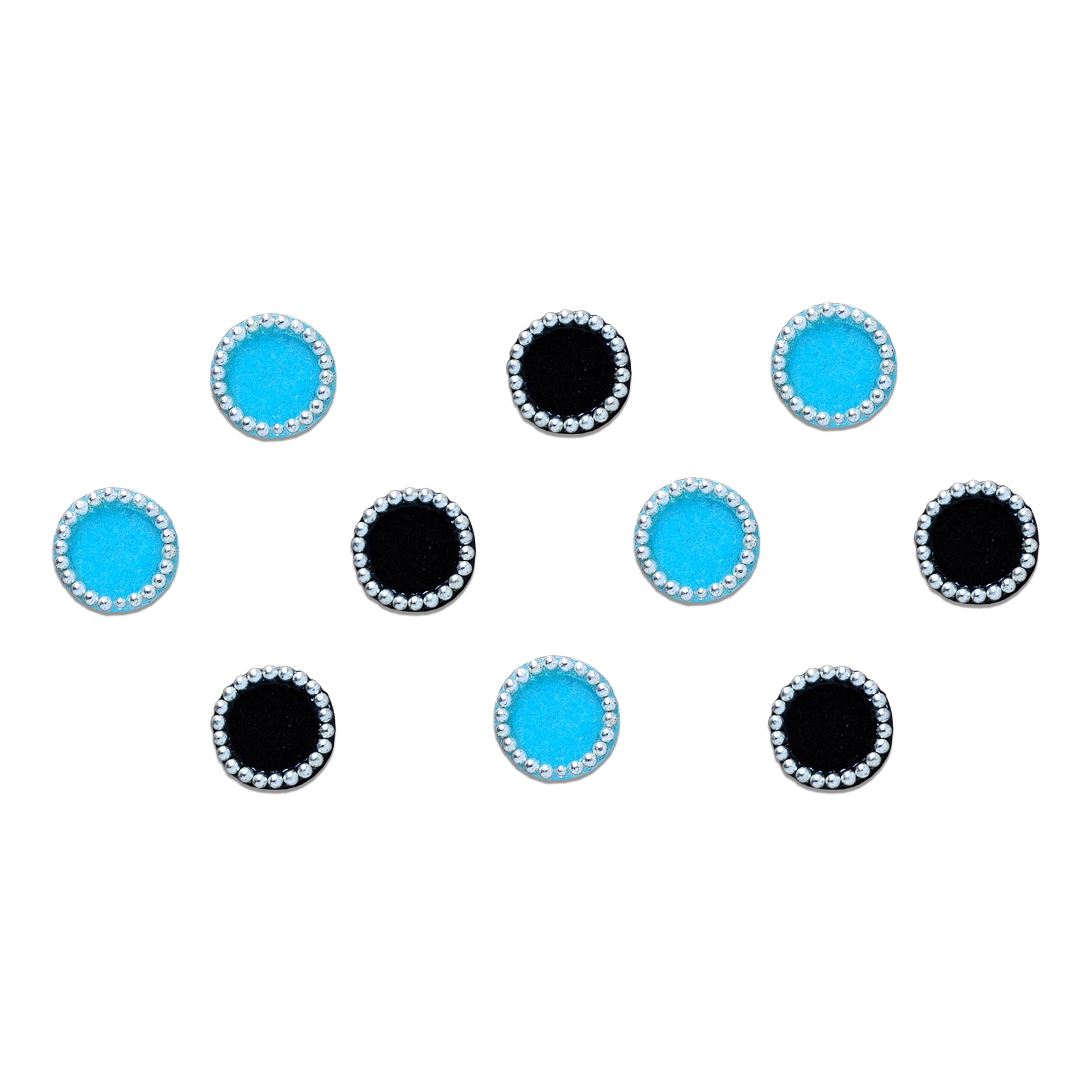Comet Busters sky blue and black round velvet self-adhesive bindis with silver beaded border, ideal for women and girls for festive, traditional, and everyday ethnic wear.