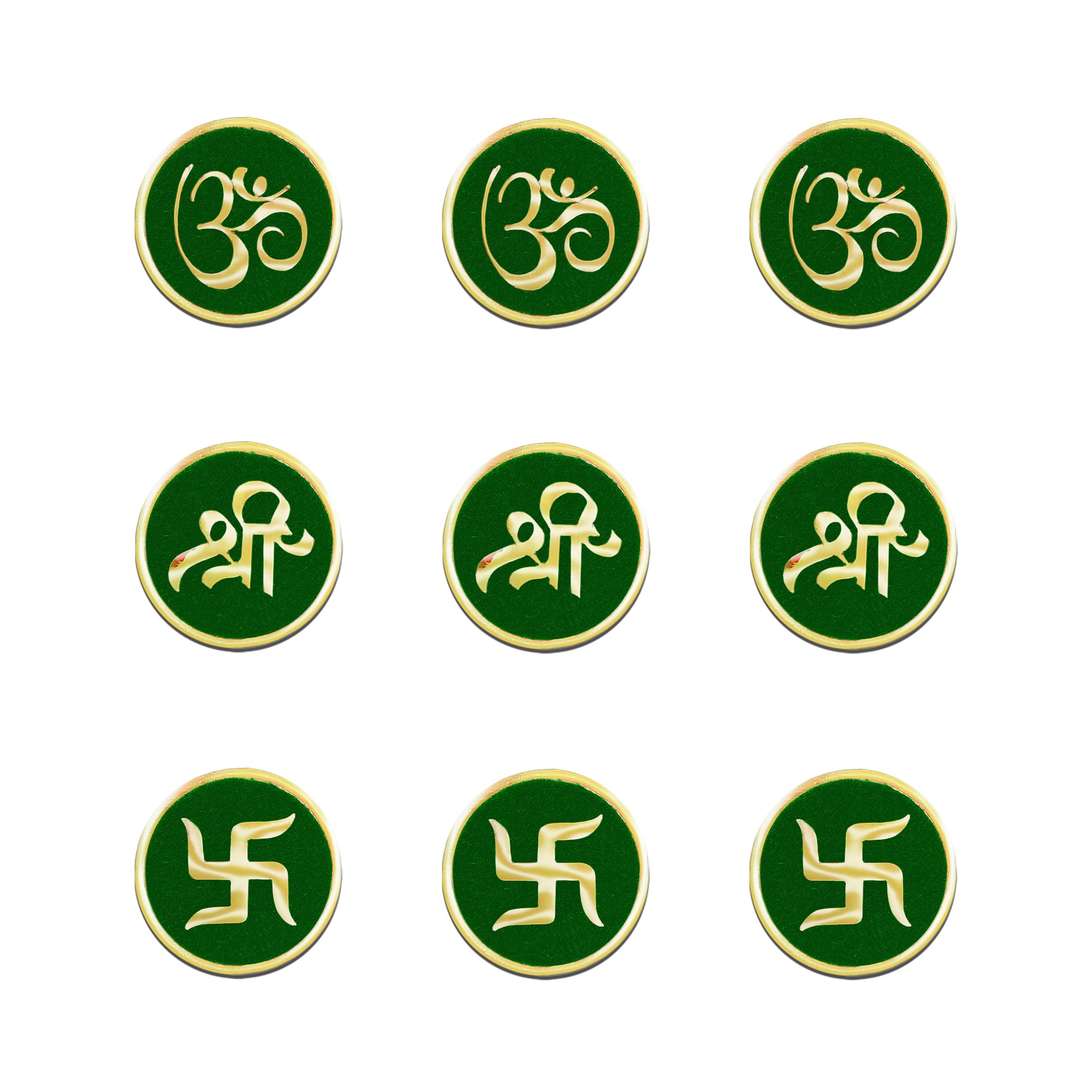 Indira by Comet Busters® premium designer bindi featuring sacred Om, Shree, and Swastik symbols in antique gold on a vibrant Green velvet round base for women and girls.