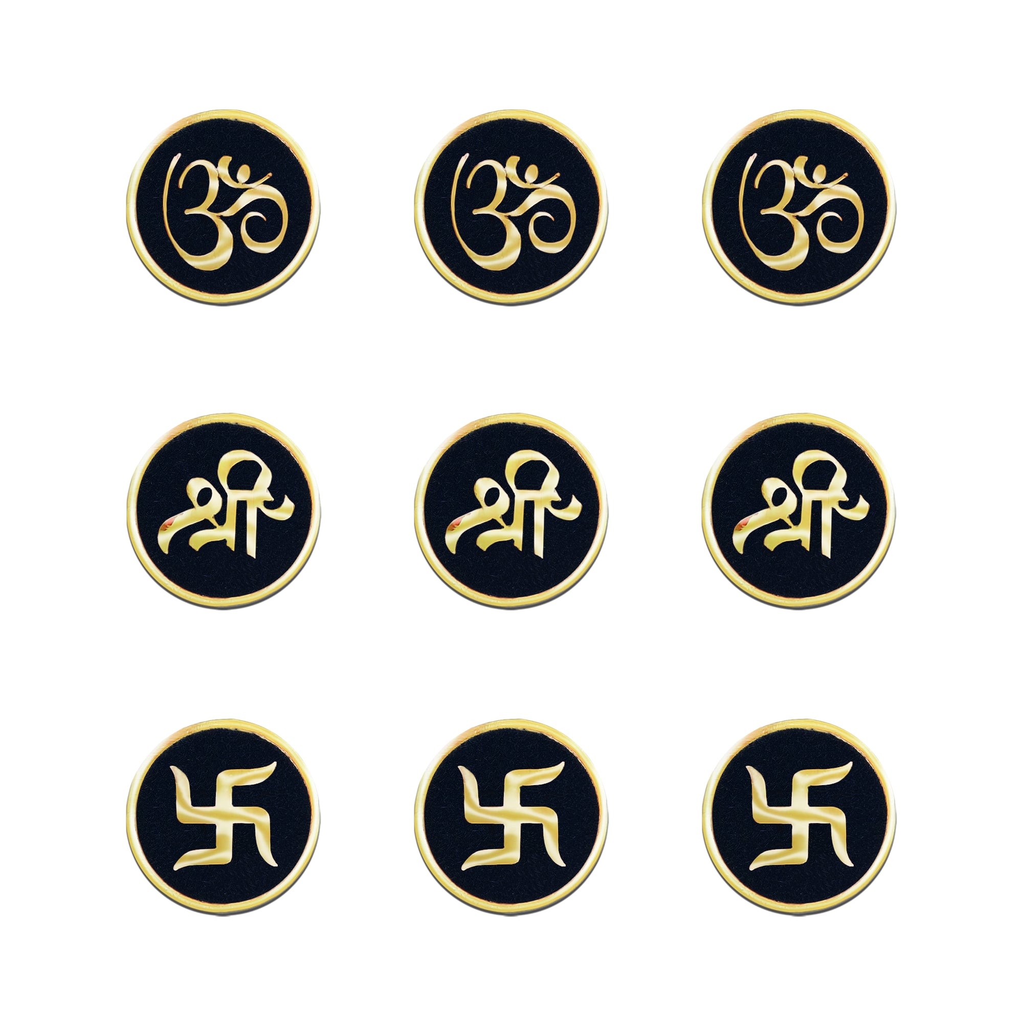 Indira by Comet Busters® premium designer bindi featuring sacred Om, Shree, and Swastik symbols in antique gold on a vibrant black velvet round base for women and girls.