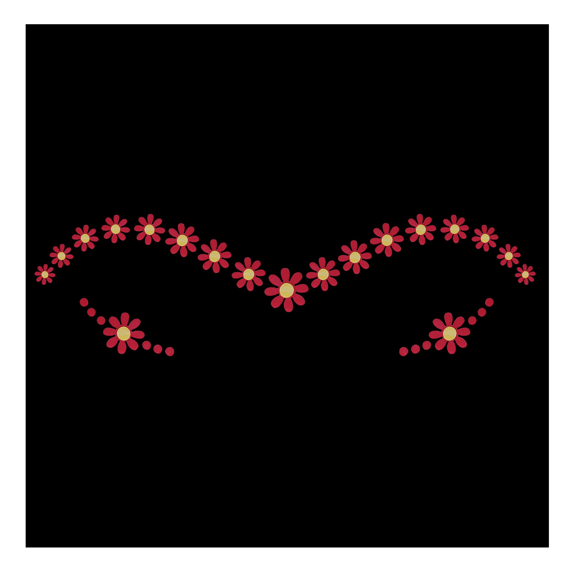 Comet Busters spiritual Bengali floral bindi featuring red flower motifs with golden centers arranged