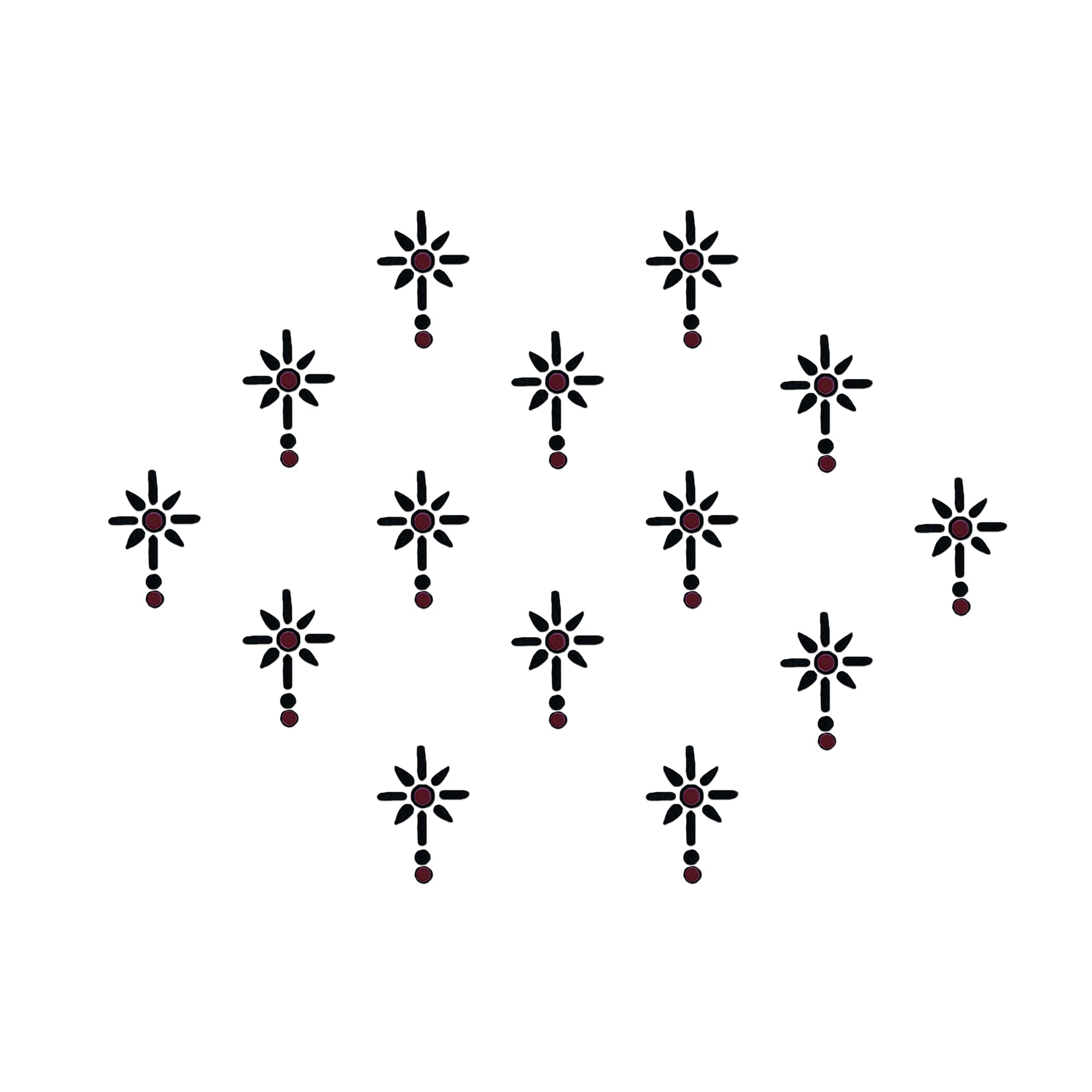 Comet Busters star drop bindis featuring black starburst motifs with maroon center accents and dotted